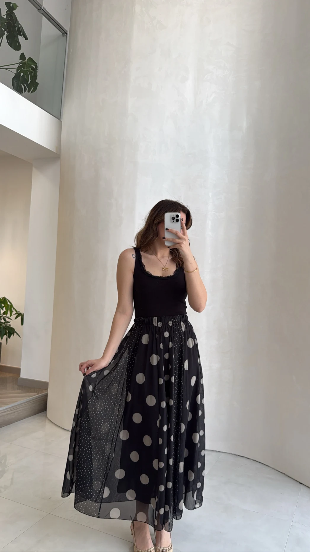 Parçalı Puantiye Desenli Şifon Etek - Siyah - Kod: 0867