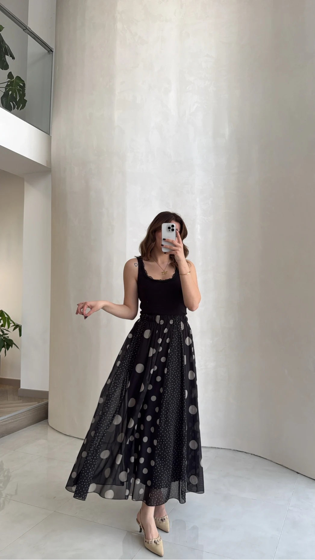 Parçalı Puantiye Desenli Şifon Etek - Siyah - Kod: 0867