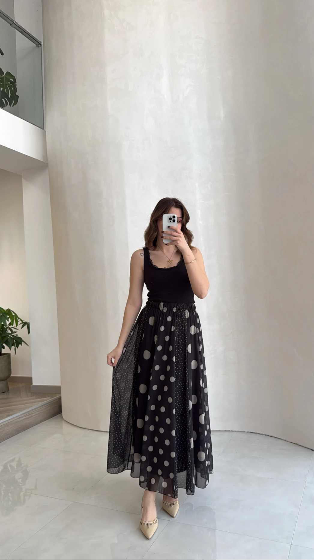 Parçalı Puantiye Desenli Şifon Etek - Siyah - Kod: 0867