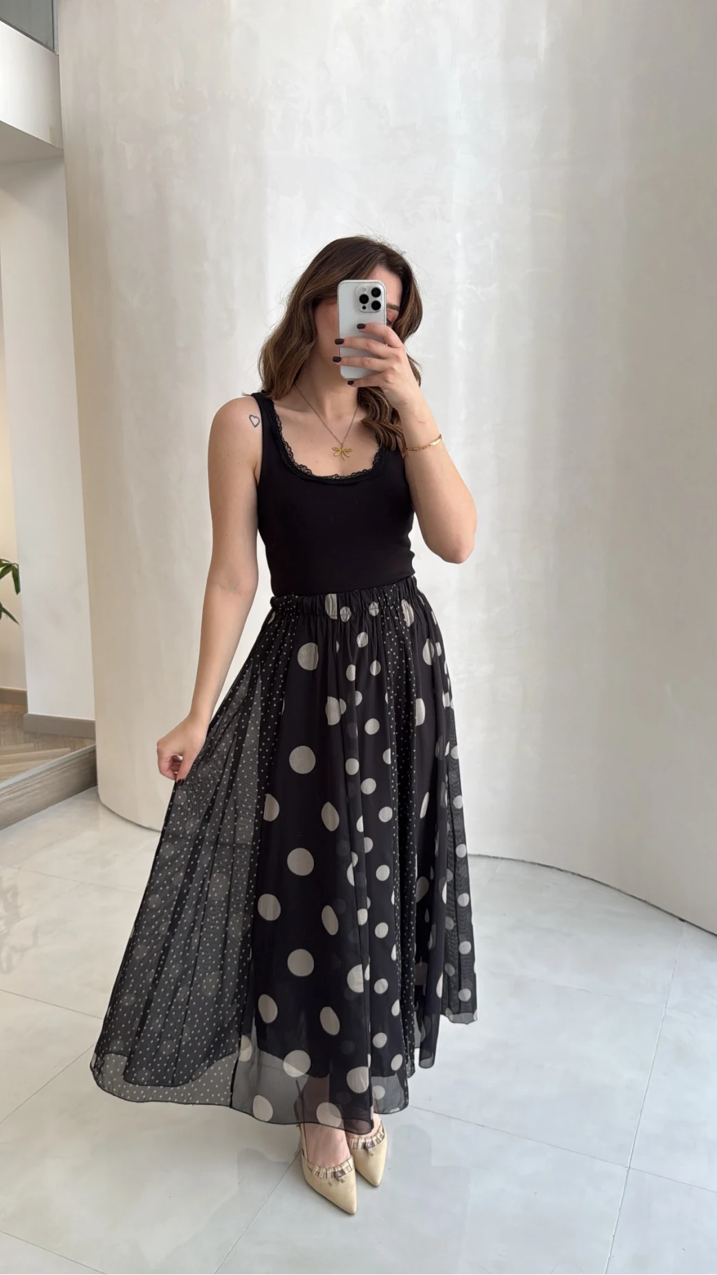 Parçalı Puantiye Desenli Şifon Etek - Siyah - Kod: 0867