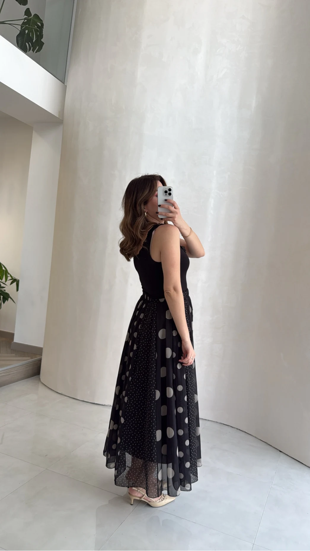 Parçalı Puantiye Desenli Şifon Etek - Siyah - Kod: 0867