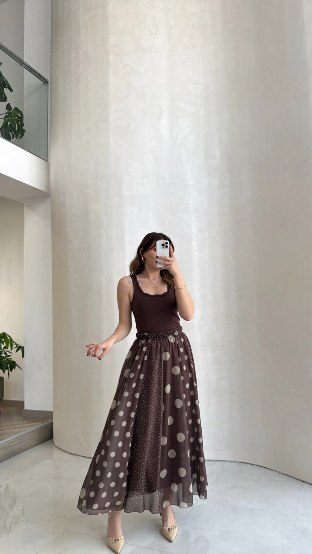 Parçalı Puantiye Desenli Şifon Etek - Kahve - Kod: 0867