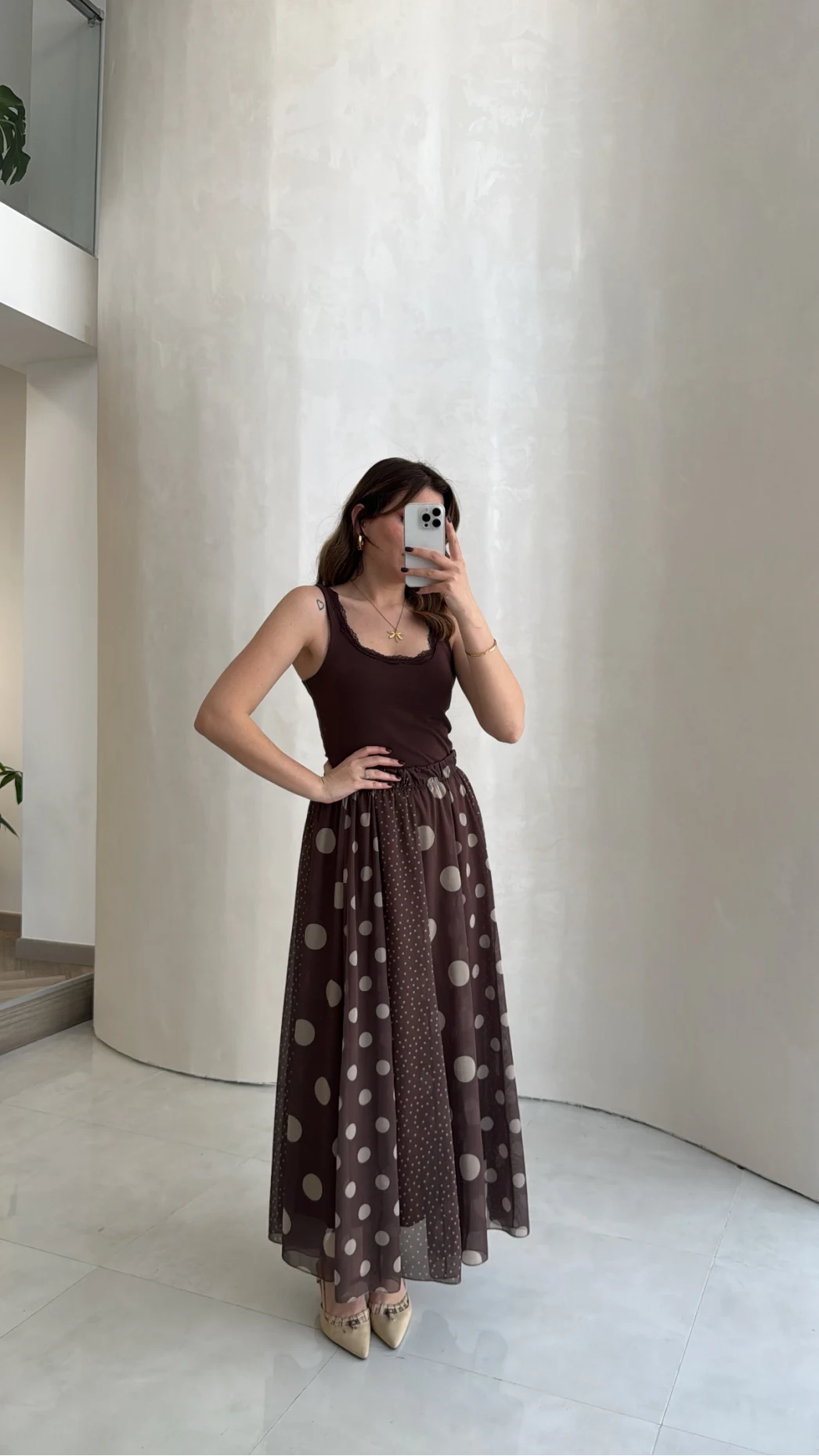 Parçalı Puantiye Desenli Şifon Etek - Kahve - Kod: 0867