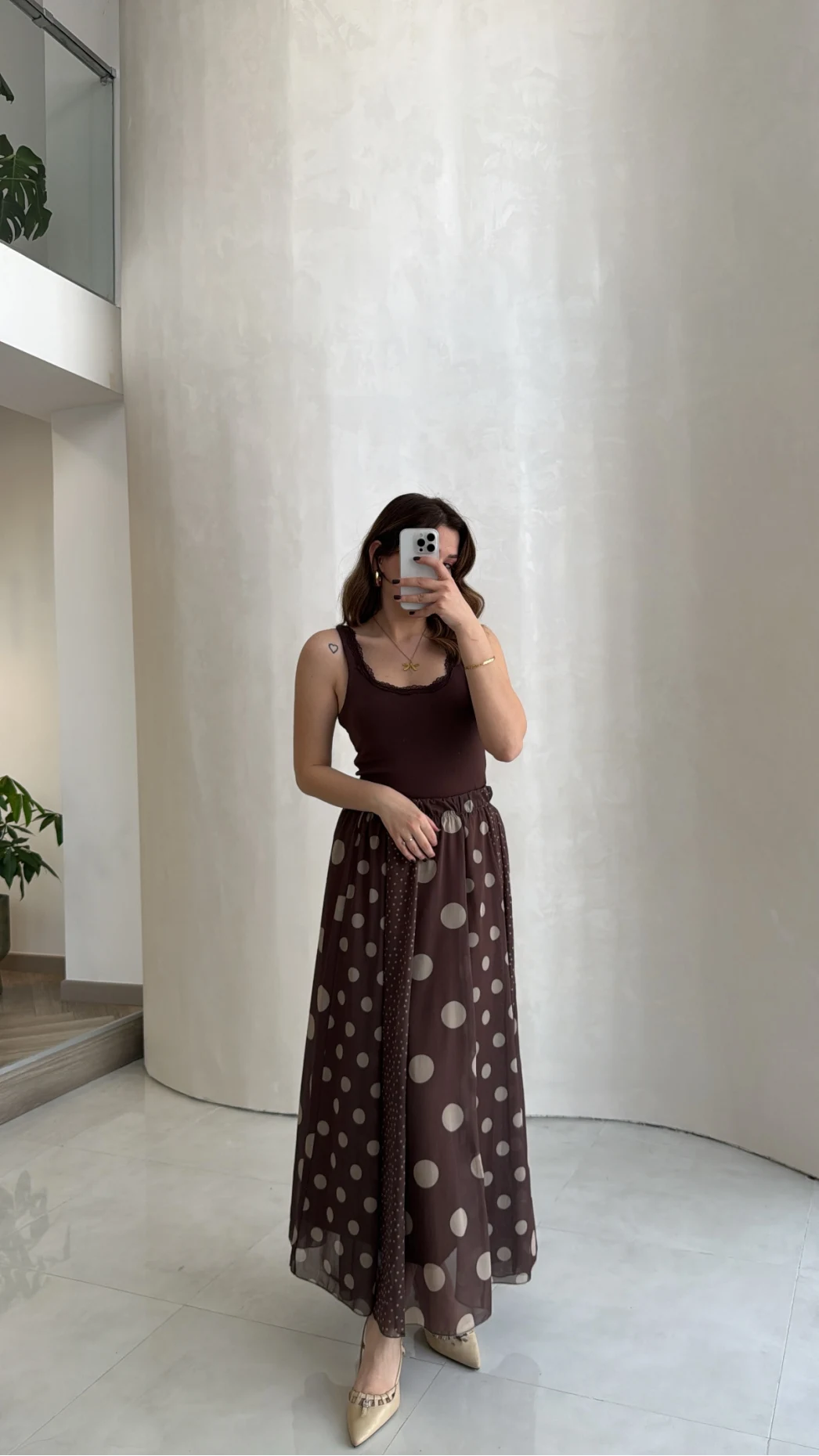 Parçalı Puantiye Desenli Şifon Etek - Kahve - Kod: 0867