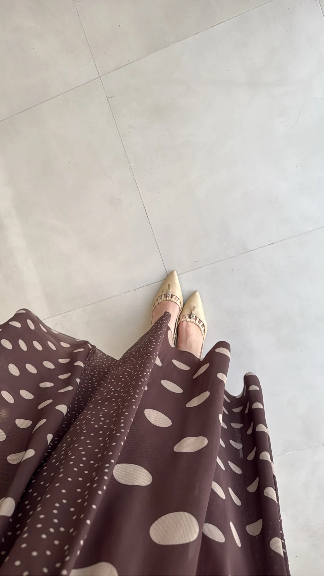 Parçalı Puantiye Desenli Şifon Etek - Kahve - Kod: 0867