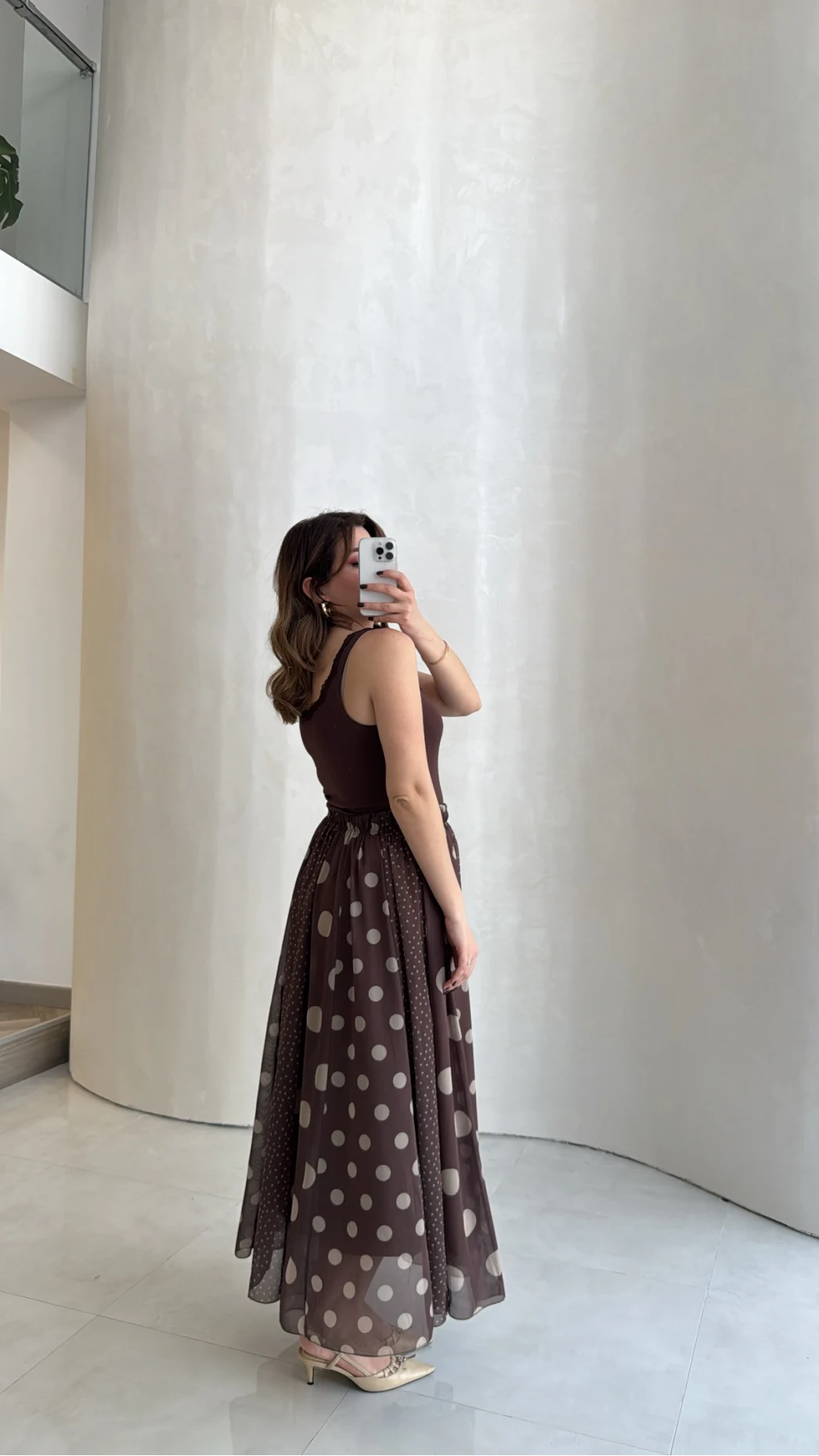 Parçalı Puantiye Desenli Şifon Etek - Kahve - Kod: 0867