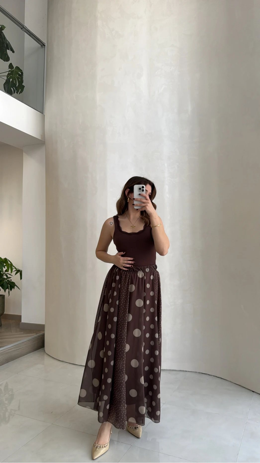 Parçalı Puantiye Desenli Şifon Etek - Kahve - Kod: 0867