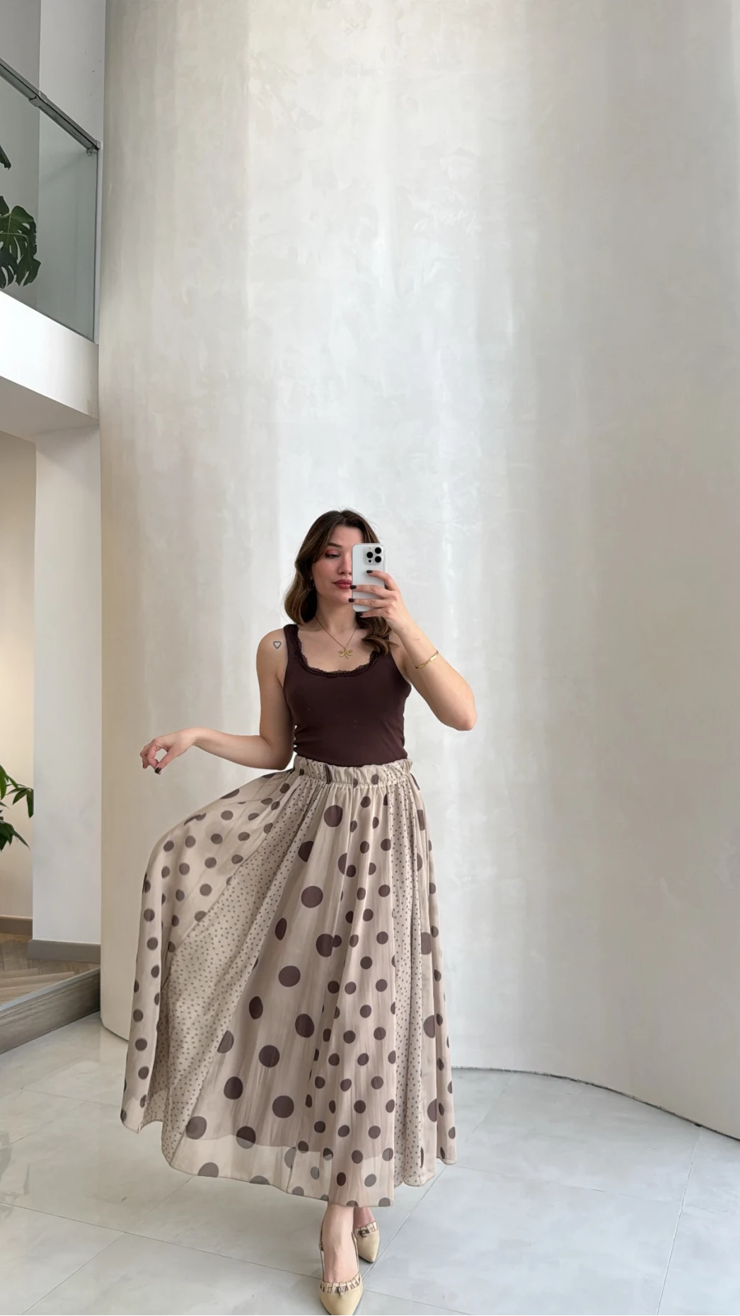 Parçalı Puantiye Desenli Şifon Etek - Bej - Kod: 0867