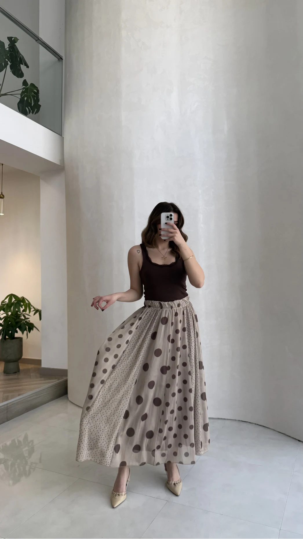 Parçalı Puantiye Desenli Şifon Etek - Bej - Kod: 0867