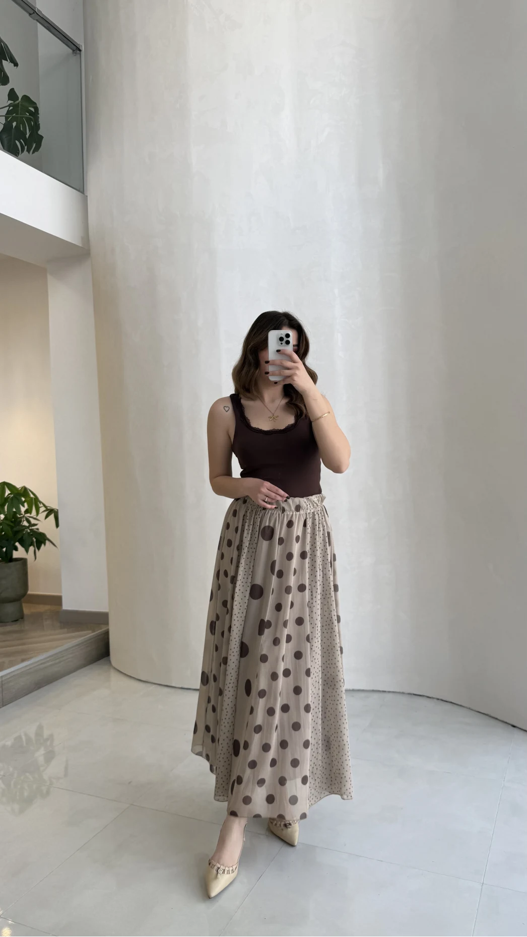 Parçalı Puantiye Desenli Şifon Etek - Bej - Kod: 0867