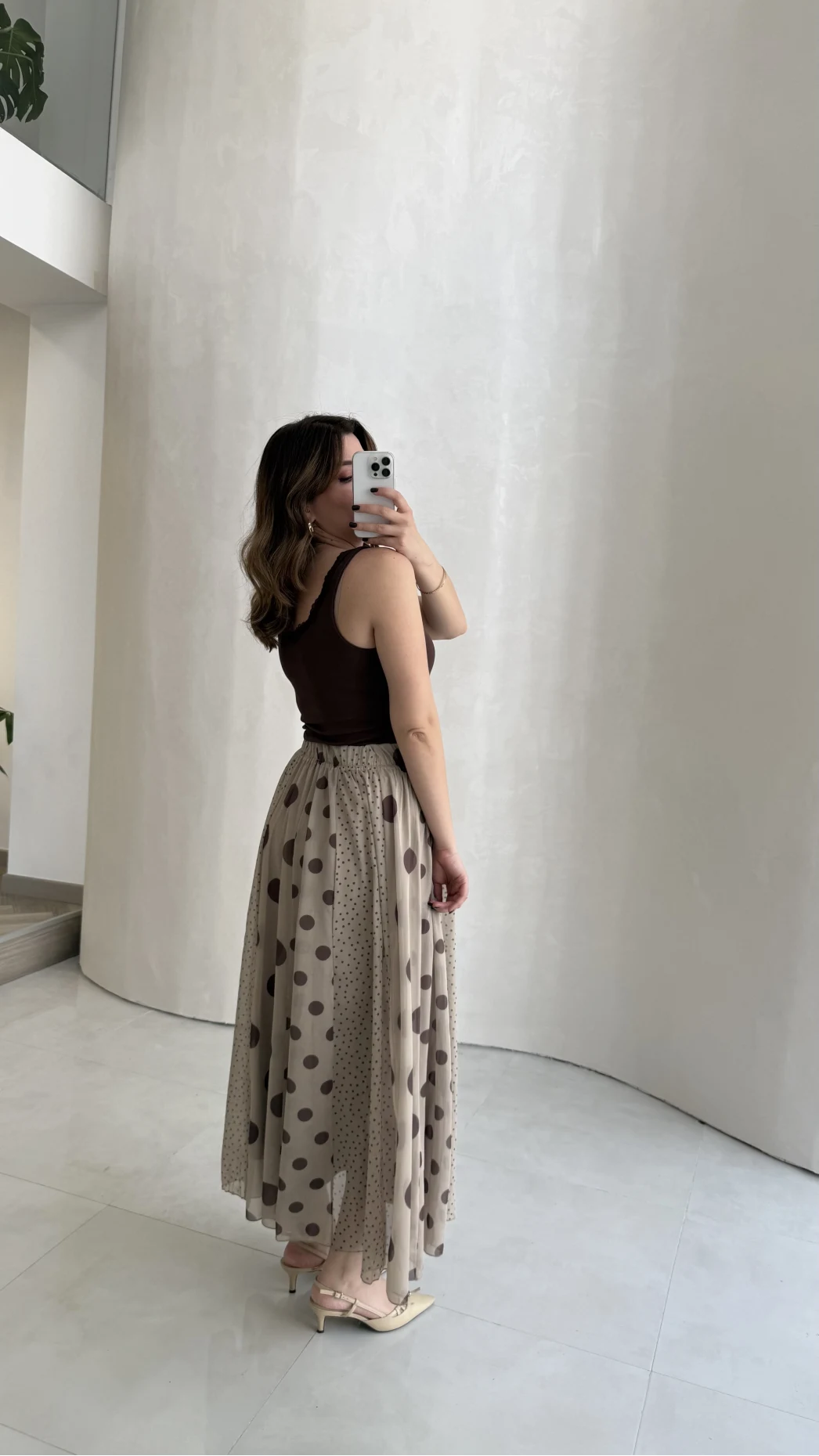 Parçalı Puantiye Desenli Şifon Etek - Bej - Kod: 0867