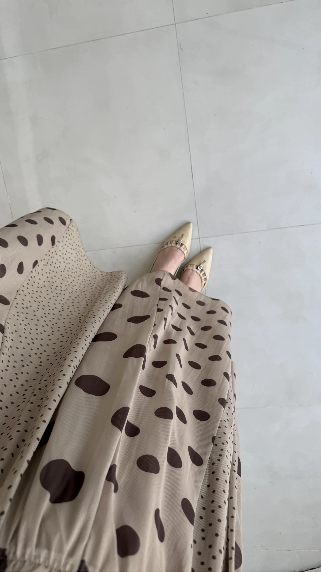 Parçalı Puantiye Desenli Şifon Etek - Bej - Kod: 0867