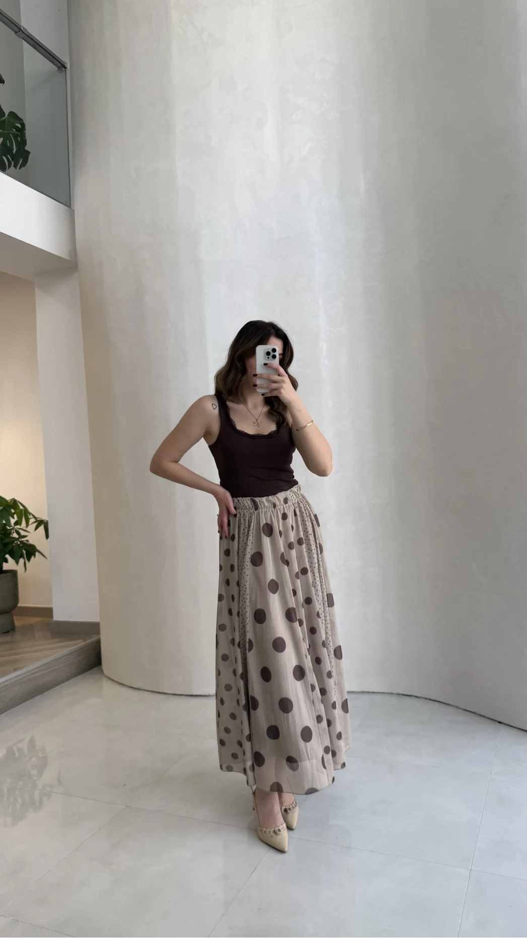 Parçalı Puantiye Desenli Şifon Etek - Bej - Kod: 0867