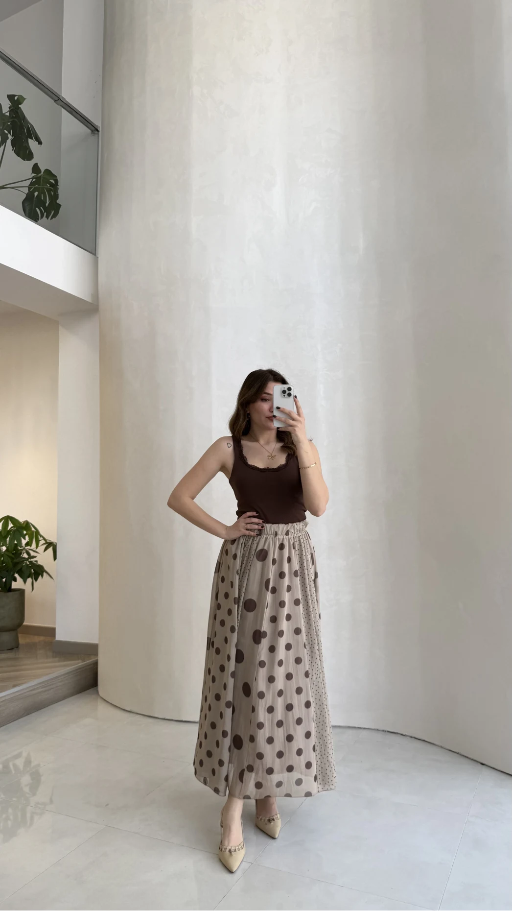 Parçalı Puantiye Desenli Şifon Etek - Bej - Kod: 0867