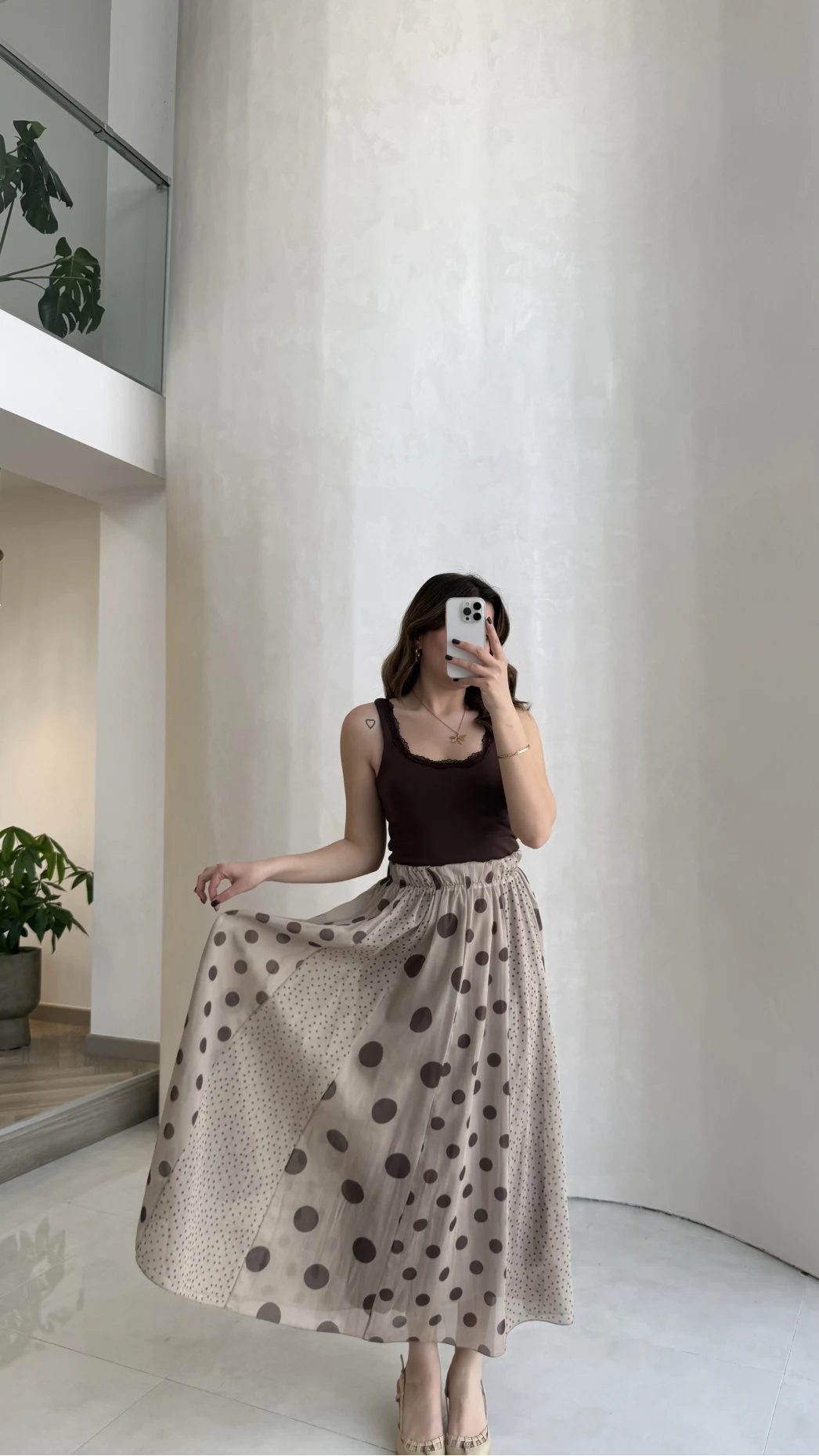 Parçalı Puantiye Desenli Şifon Etek - Bej - Kod: 0867