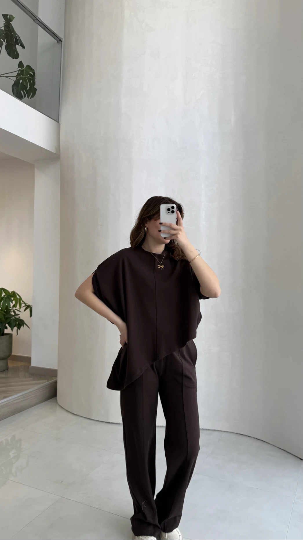 Asimetrik Kesim Pamuk Kumaş Takım - Kahverengi - Kod: 6928