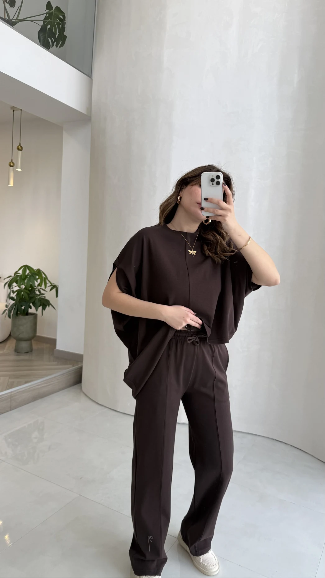 Asimetrik Kesim Pamuk Kumaş Takım - Kahverengi - Kod: 6928