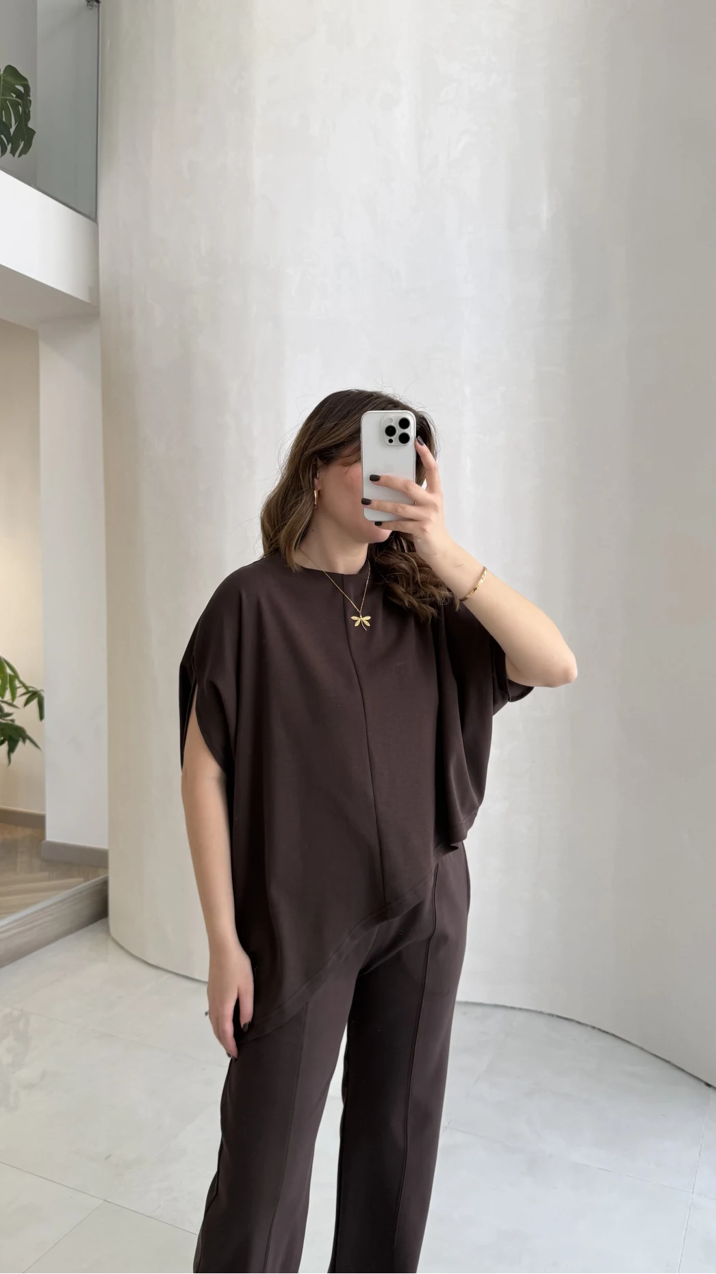 Asimetrik Kesim Pamuk Kumaş Takım - Kahverengi - Kod: 6928