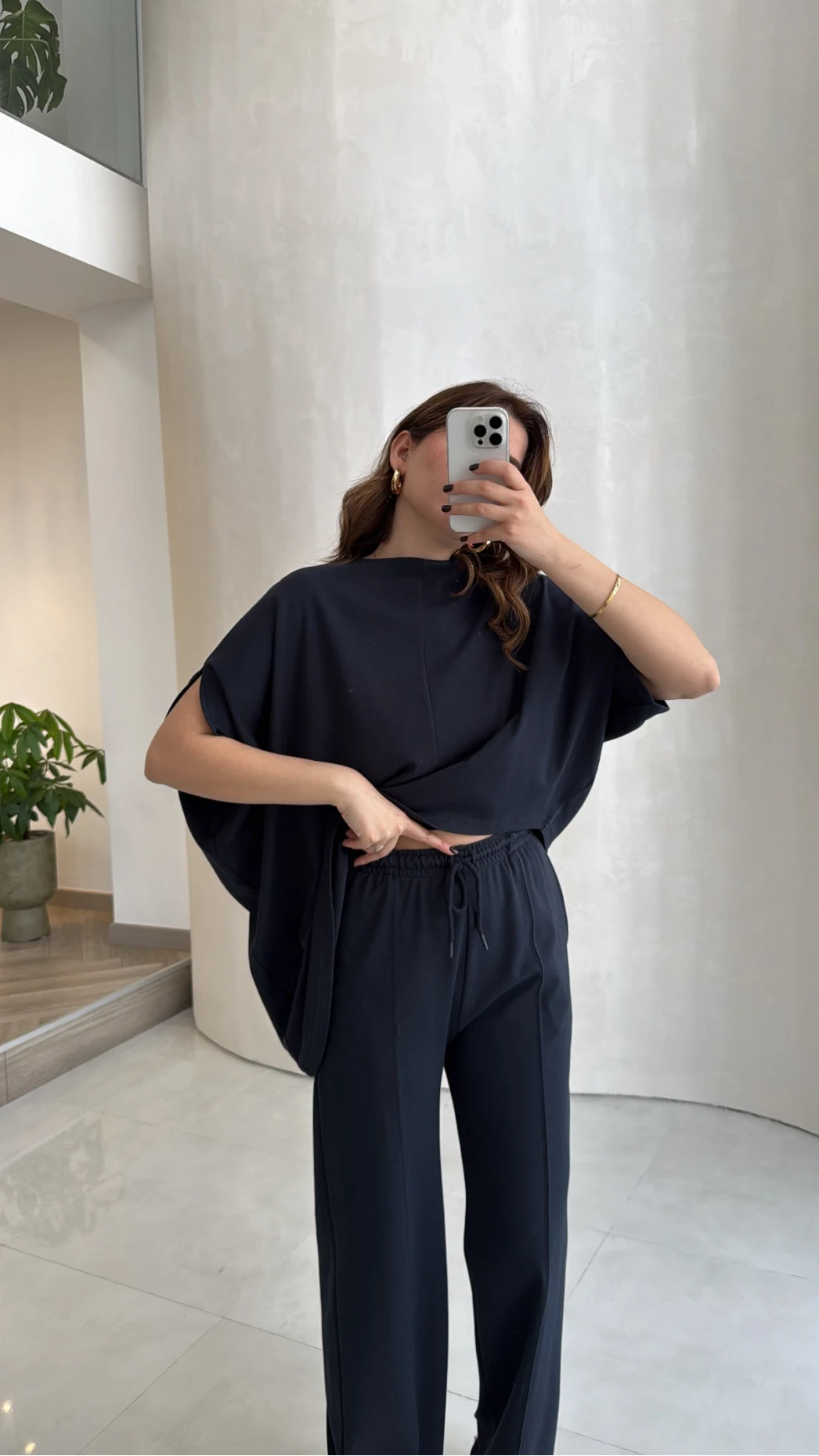 Asimetrik Kesim Pamuk Kumaş Takım - Lacivert - Kod: 6928