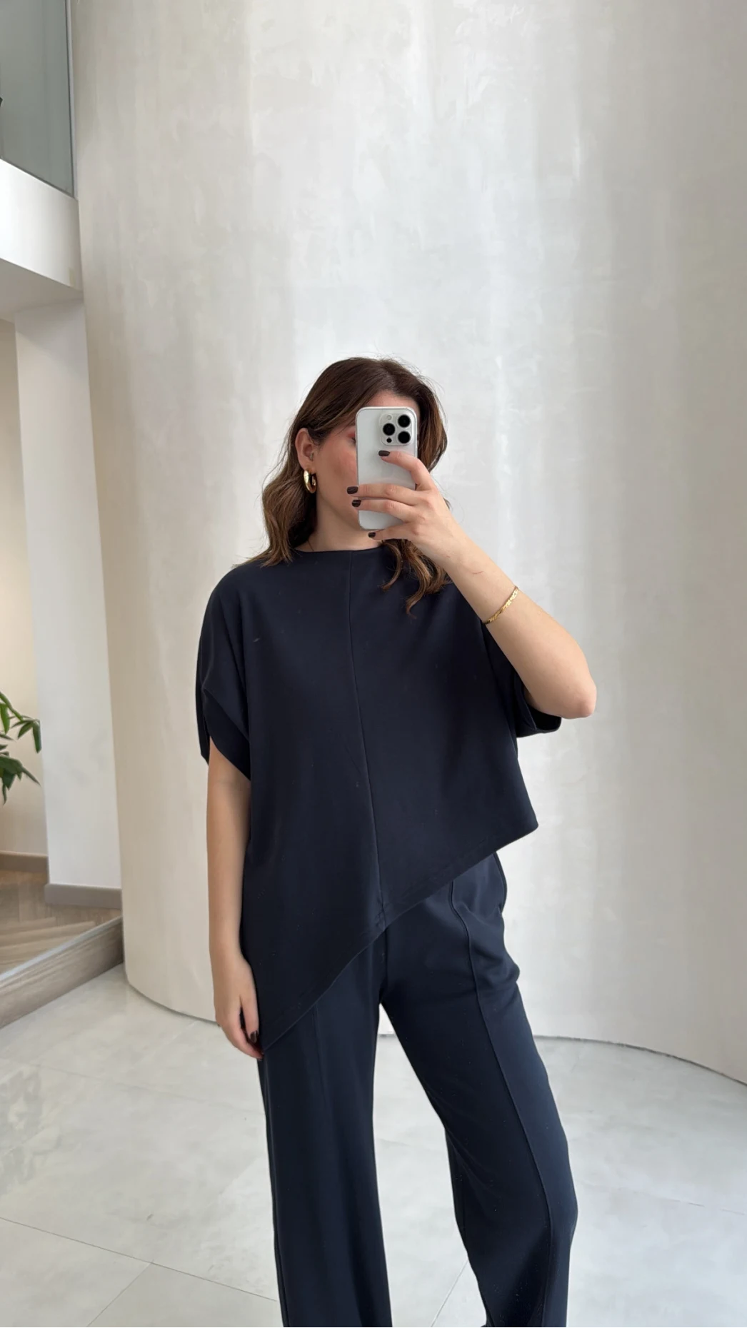 Asimetrik Kesim Pamuk Kumaş Takım - Lacivert - Kod: 6928