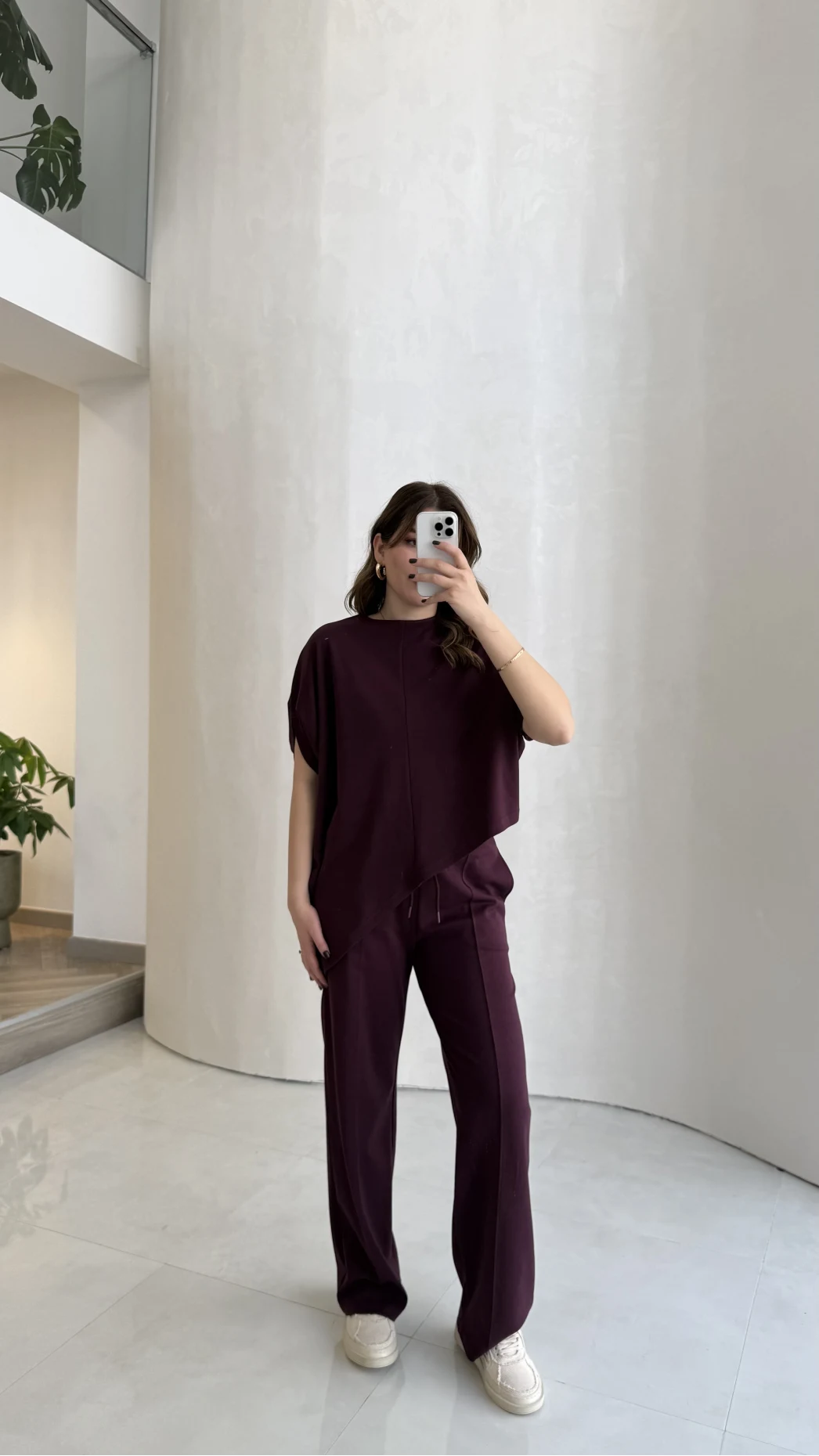 Asimetrik Kesim Pamuk Kumaş Takım - Mürdüm - Kod: 6928