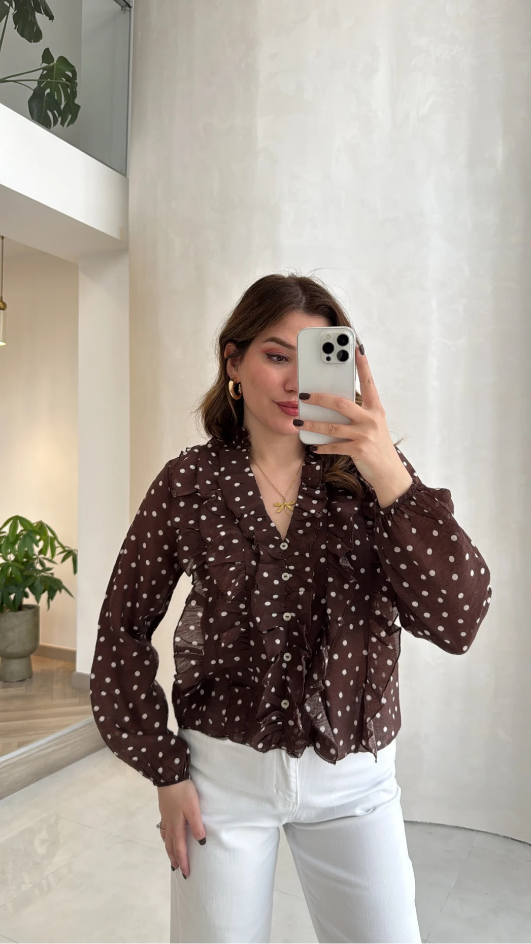 Fırfırlı Puantiye Desenli Gömlek - Kahverengi - Kod: 2271