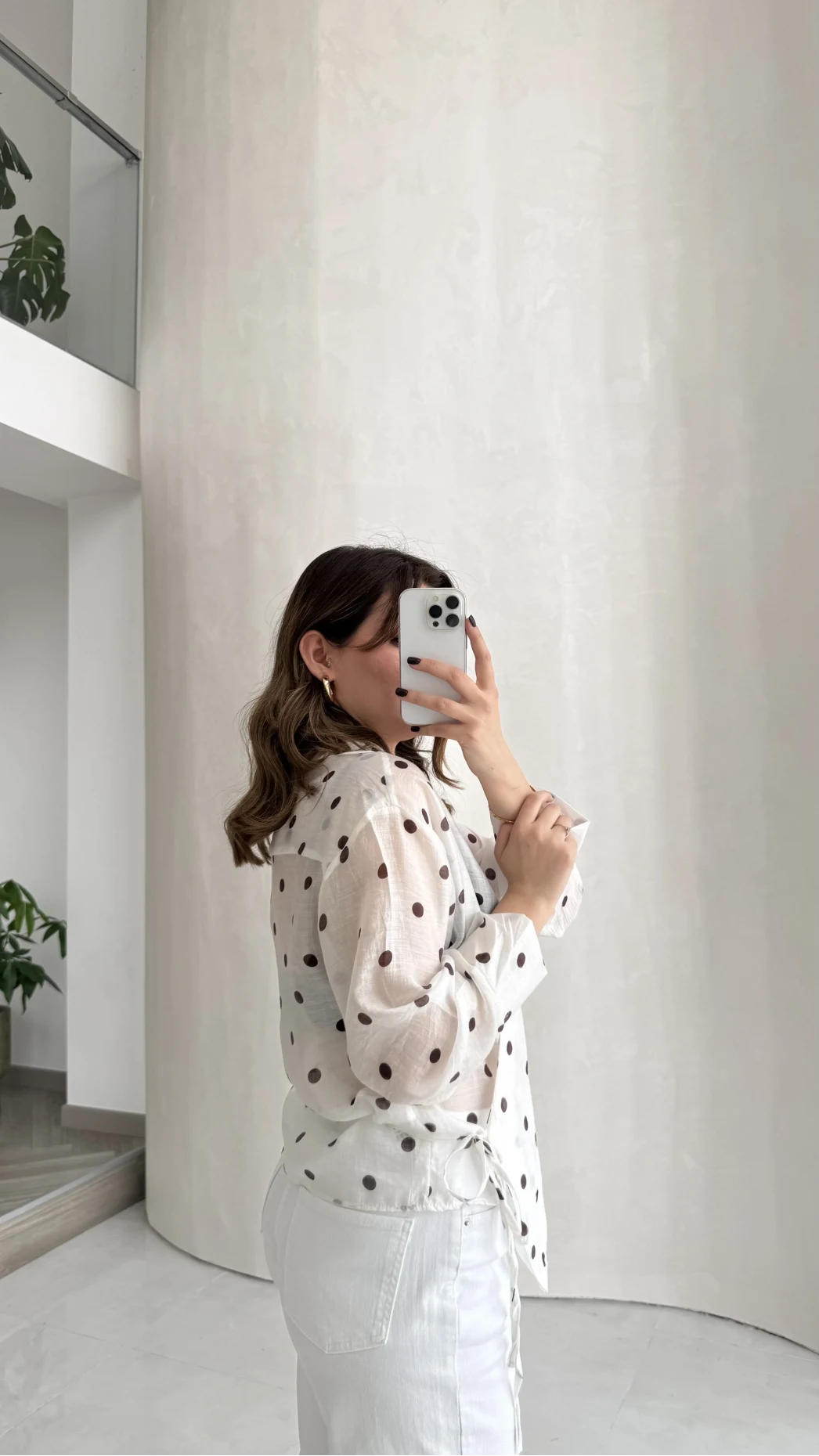 Beli Biyeli Puantiye Desen Gömlek Bluz - Ekru - Kod: 580938