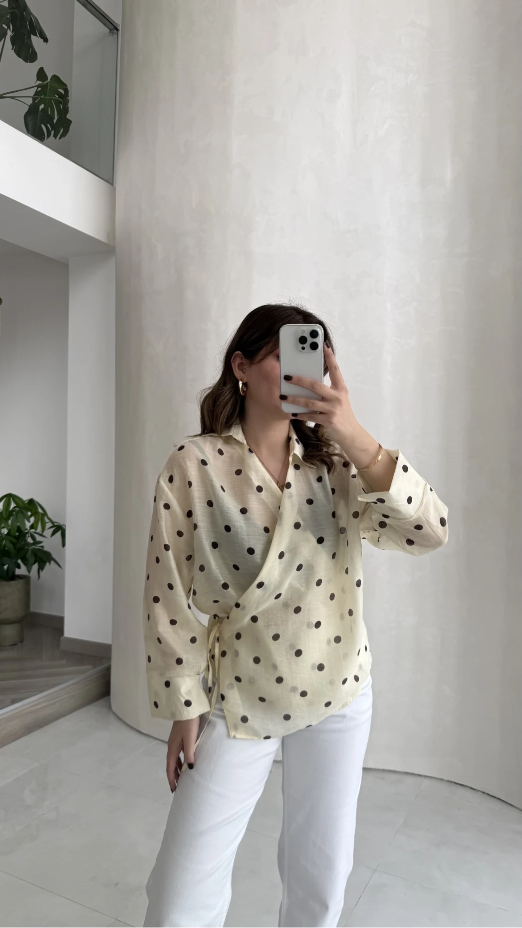 Beli Biyeli  Puantiye Desen Gömlek Bluz - Sarı - Kod: 580938