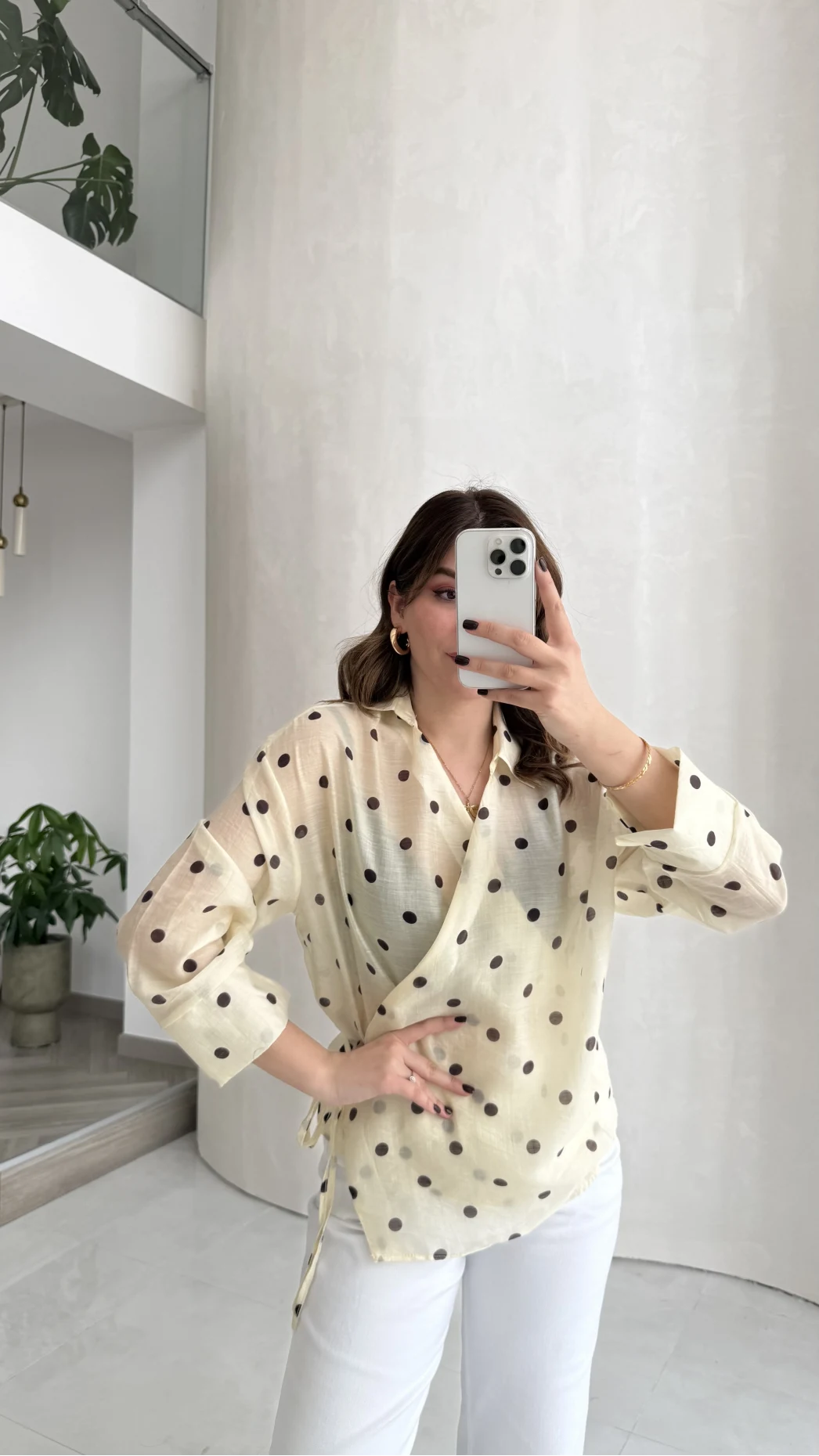 Beli Biyeli  Puantiye Desen Gömlek Bluz - Sarı - Kod: 580938