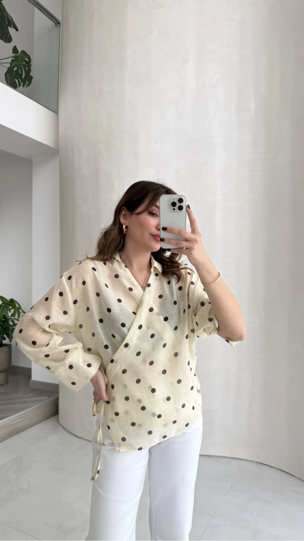 Beli Biyeli  Puantiye Desen Gömlek Bluz - Sarı - Kod: 580938