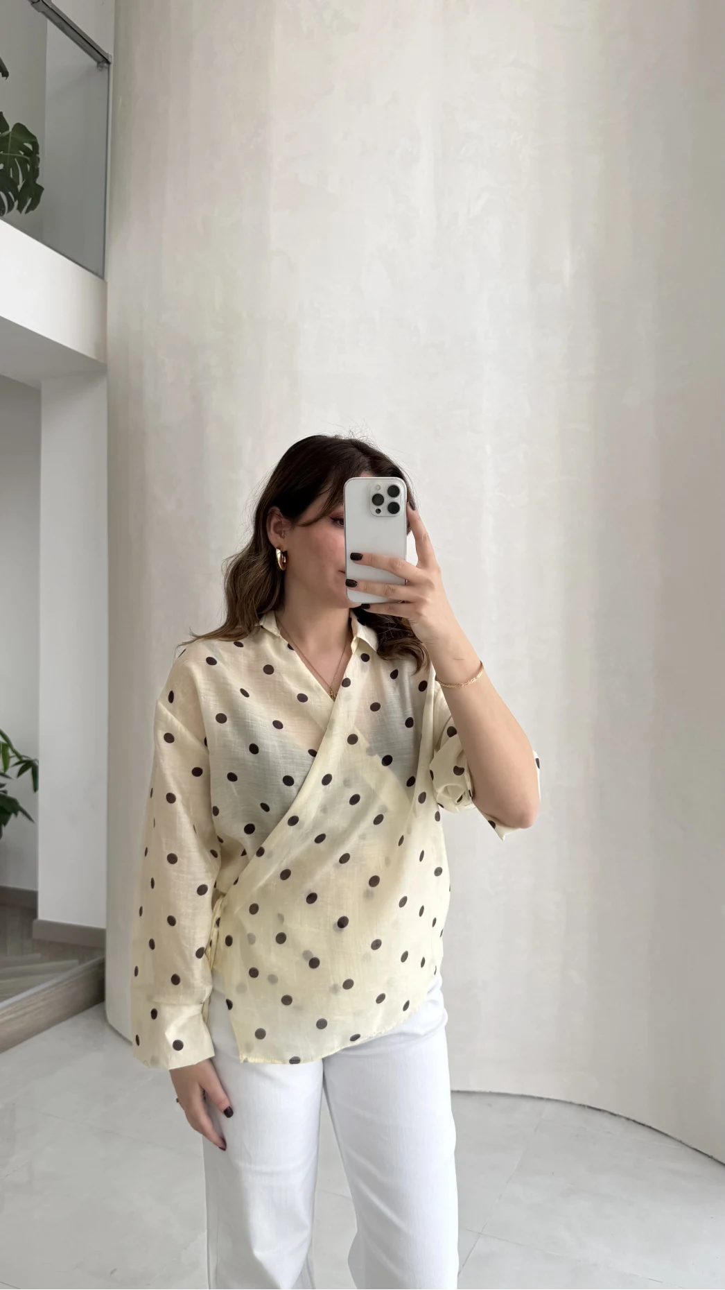 Beli Biyeli  Puantiye Desen Gömlek Bluz - Sarı - Kod: 580938