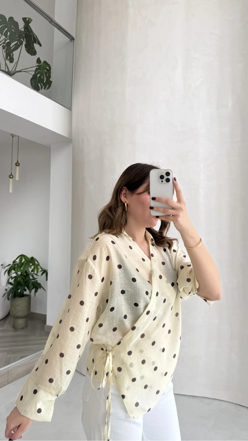 Beli Biyeli  Puantiye Desen Gömlek Bluz - Sarı - Kod: 580938