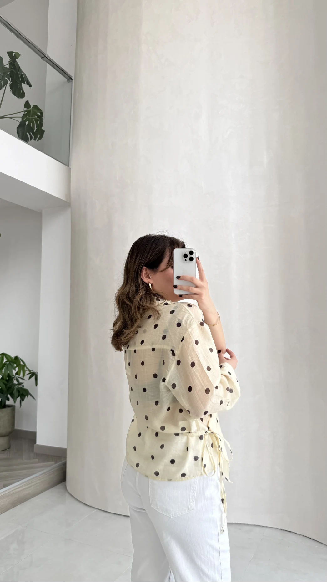 Beli Biyeli  Puantiye Desen Gömlek Bluz - Sarı - Kod: 580938