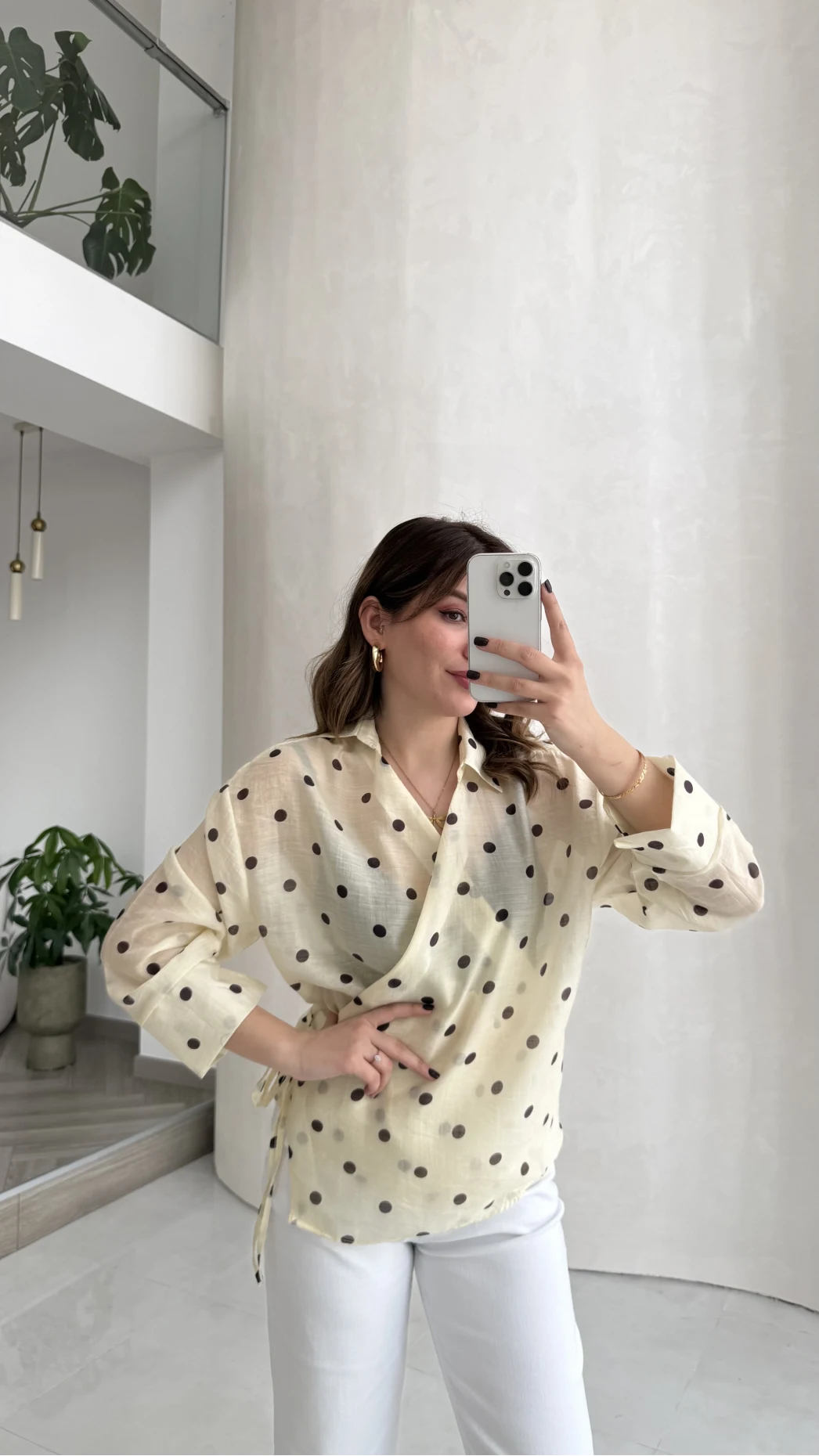 Beli Biyeli  Puantiye Desen Gömlek Bluz - Sarı - Kod: 580938