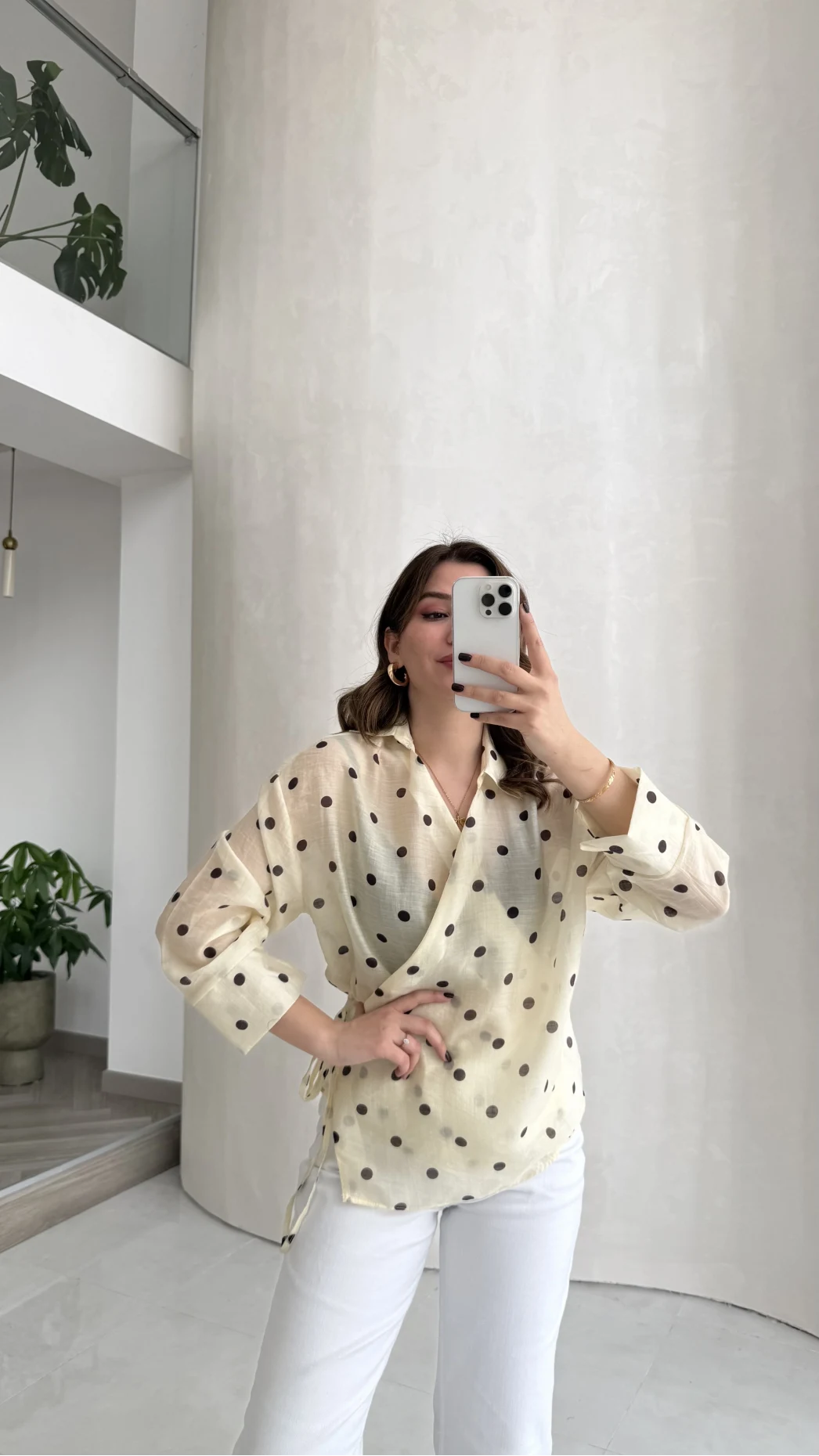 Beli Biyeli  Puantiye Desen Gömlek Bluz - Sarı - Kod: 580938