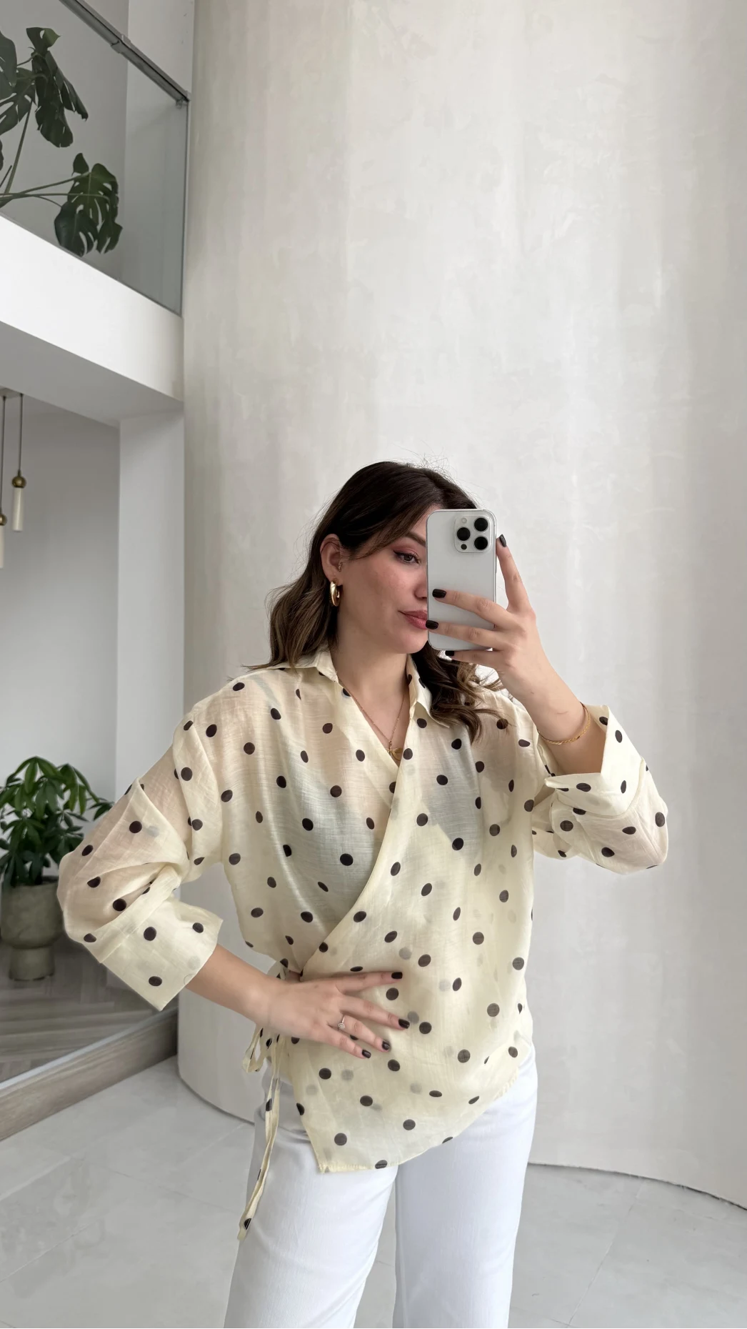 Beli Biyeli  Puantiye Desen Gömlek Bluz - Sarı - Kod: 580938