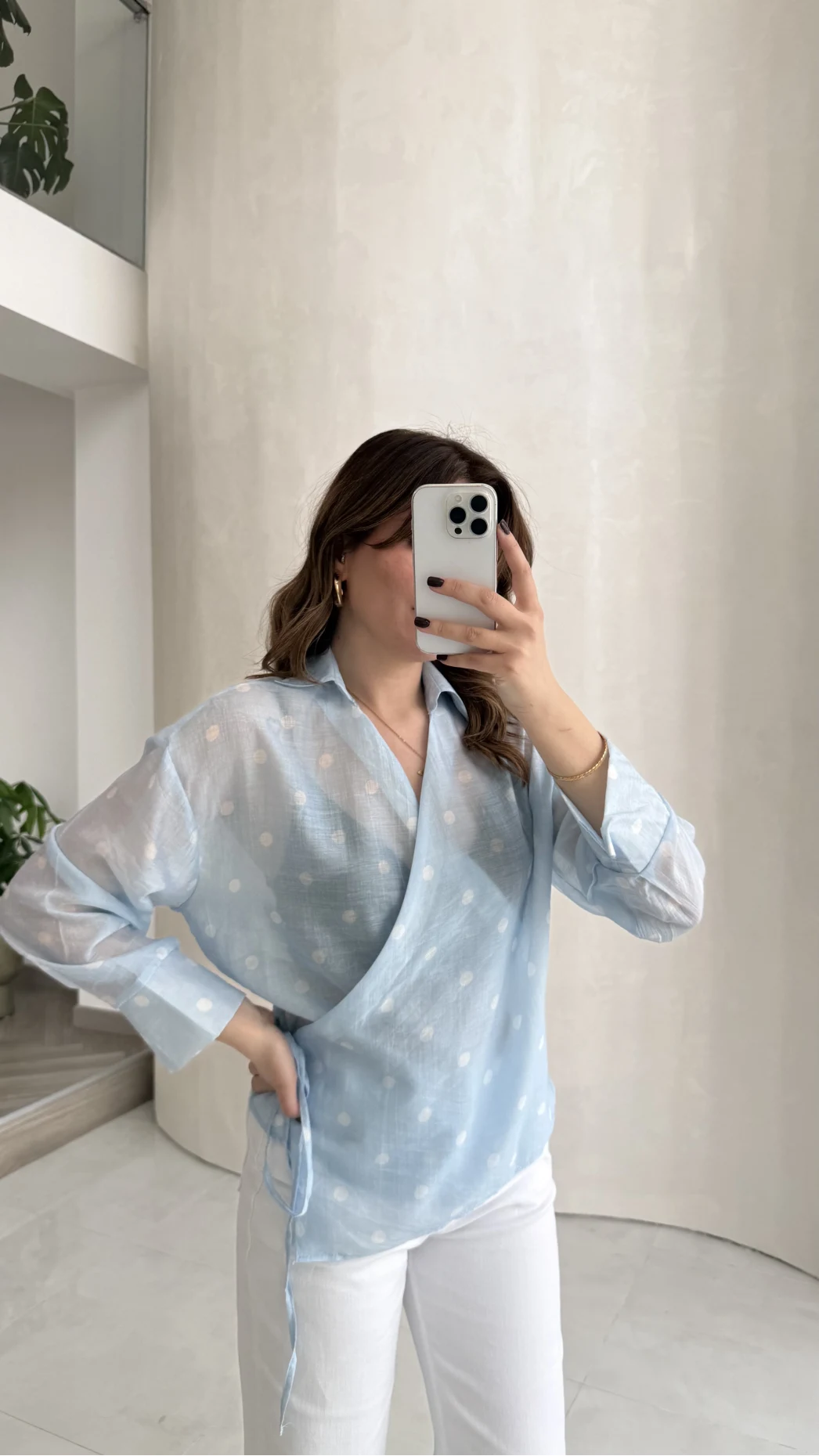 Beli Biyeli Puantiye Desen Gömlek Bluz - Mavi - Kod: 580938