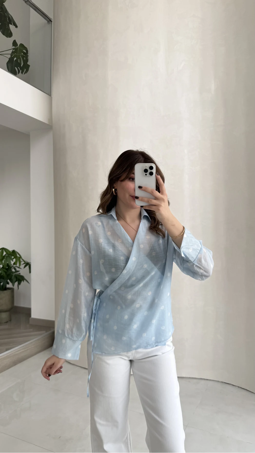 Beli Biyeli Puantiye Desen Gömlek Bluz - Mavi - Kod: 580938