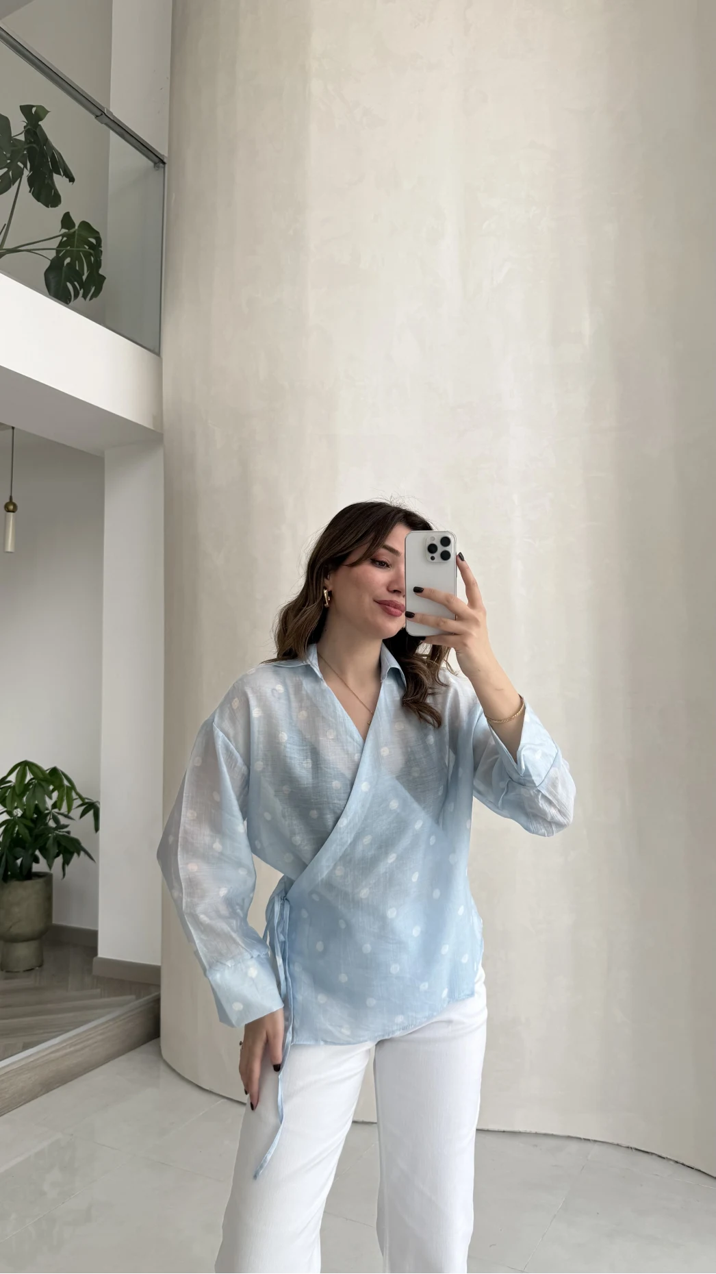 Beli Biyeli Puantiye Desen Gömlek Bluz - Mavi - Kod: 580938