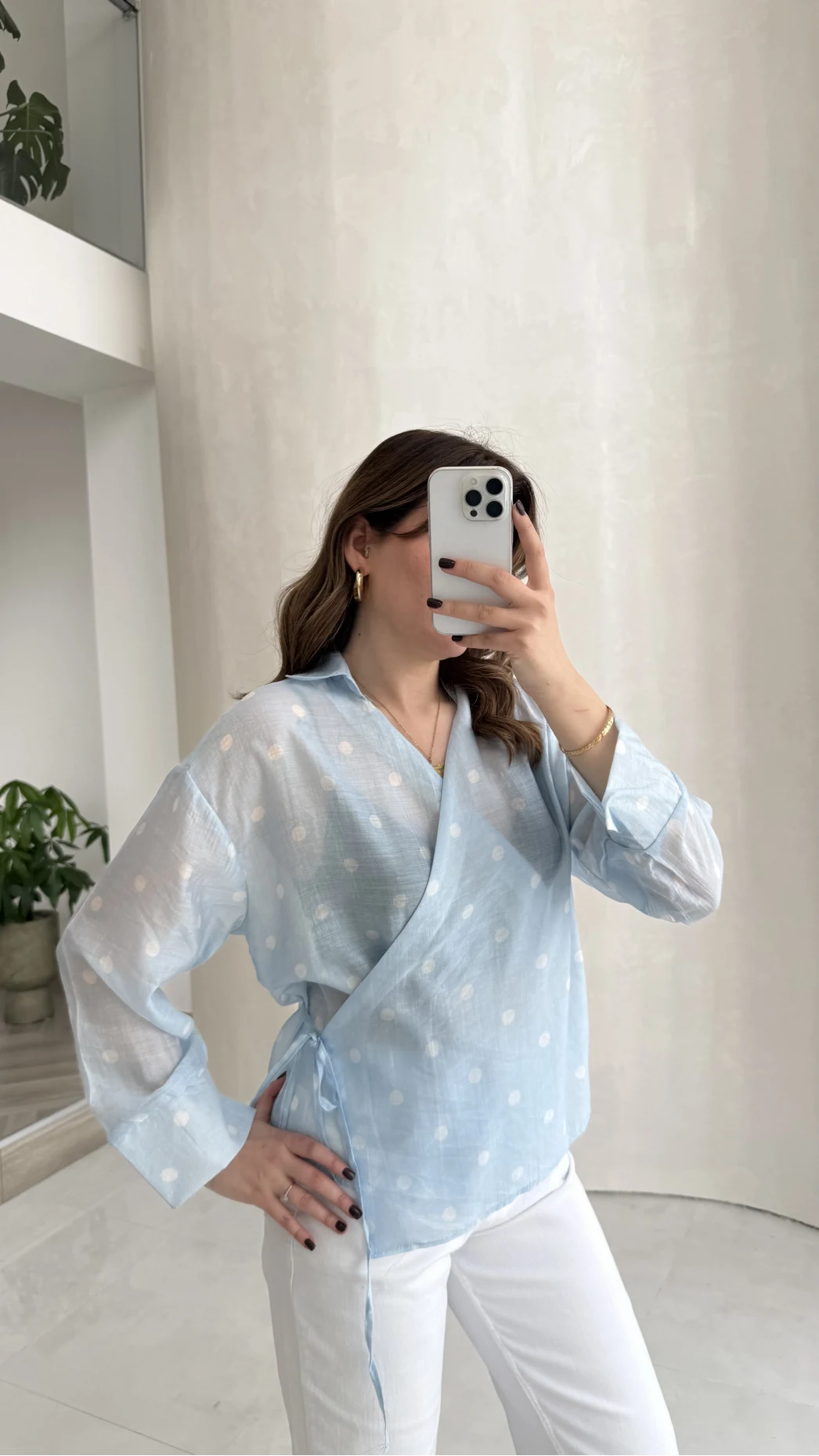 Beli Biyeli Puantiye Desen Gömlek Bluz - Mavi - Kod: 580938