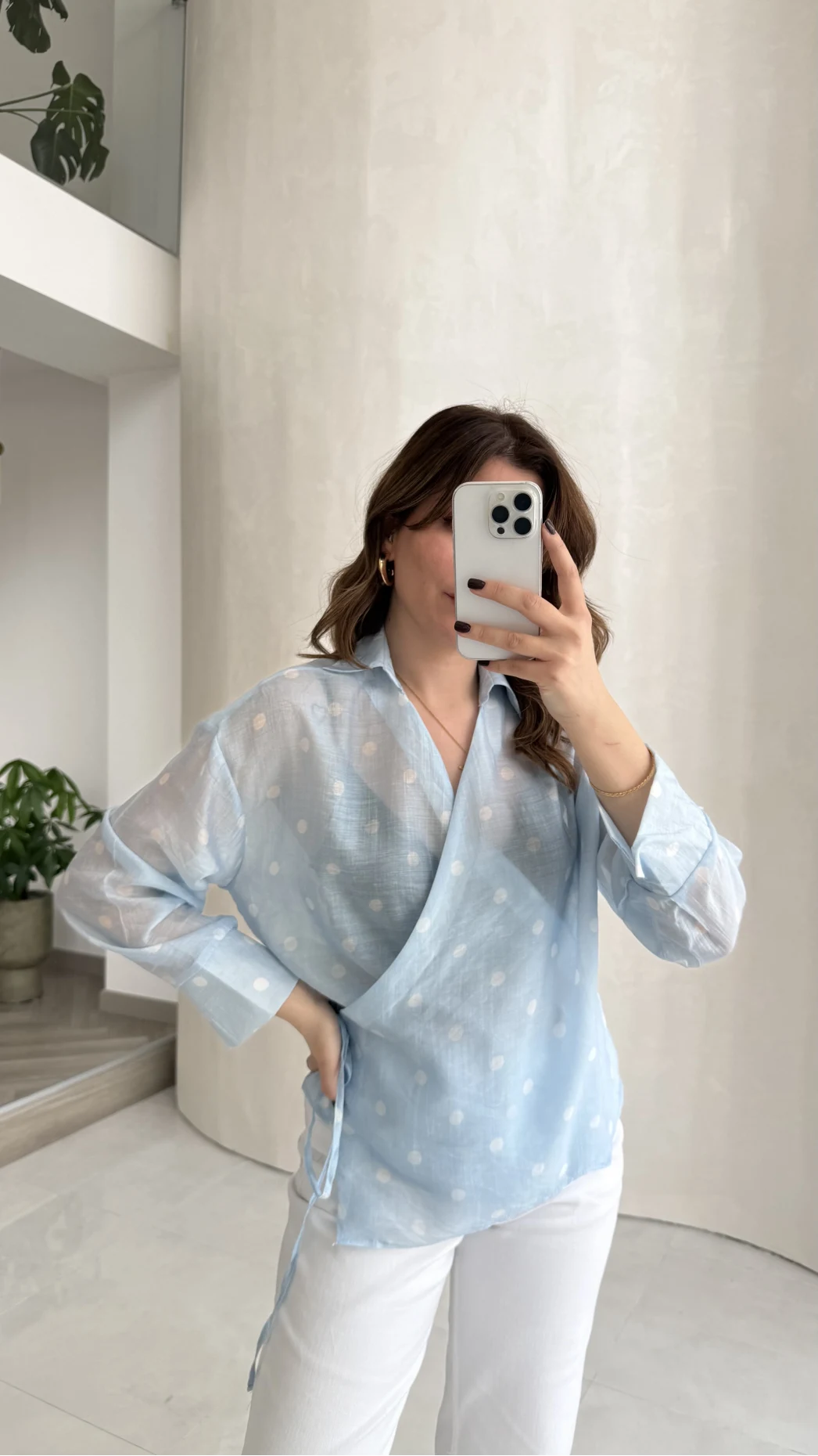 Beli Biyeli Puantiye Desen Gömlek Bluz - Mavi - Kod: 580938