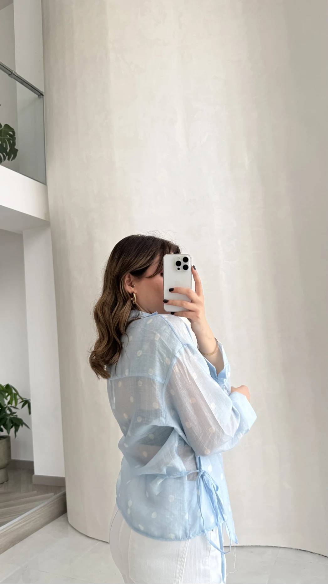 Beli Biyeli Puantiye Desen Gömlek Bluz - Mavi - Kod: 580938