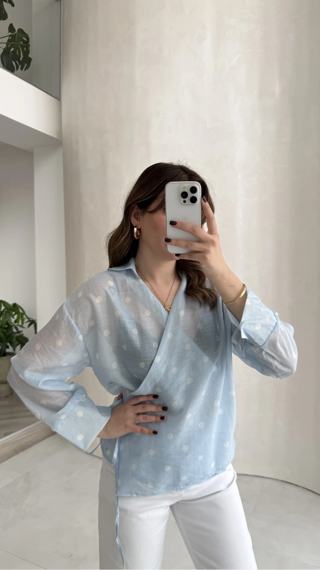 Beli Biyeli Puantiye Desen Gömlek Bluz - Mavi - Kod: 580938