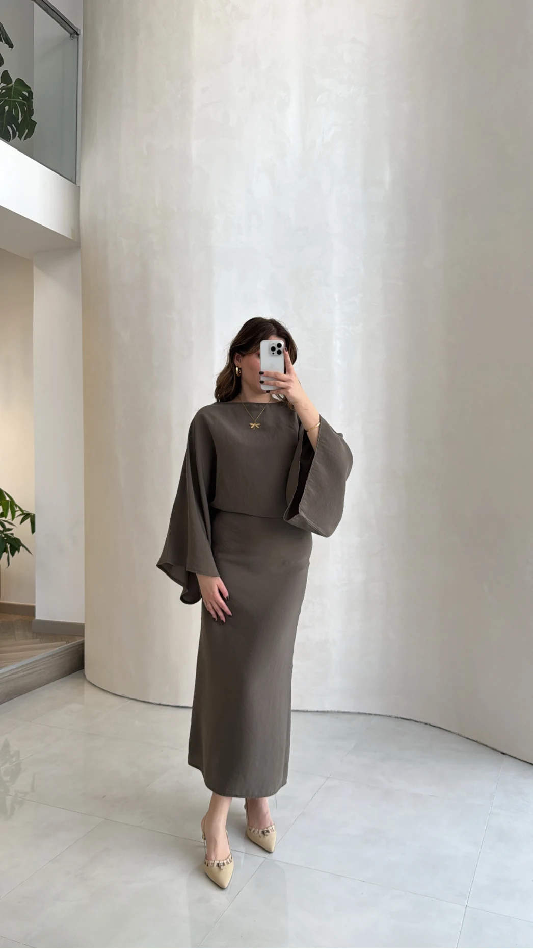 Dökümlü Beli Bağlamalı Modal Elbise - Haki - Kod: 1042