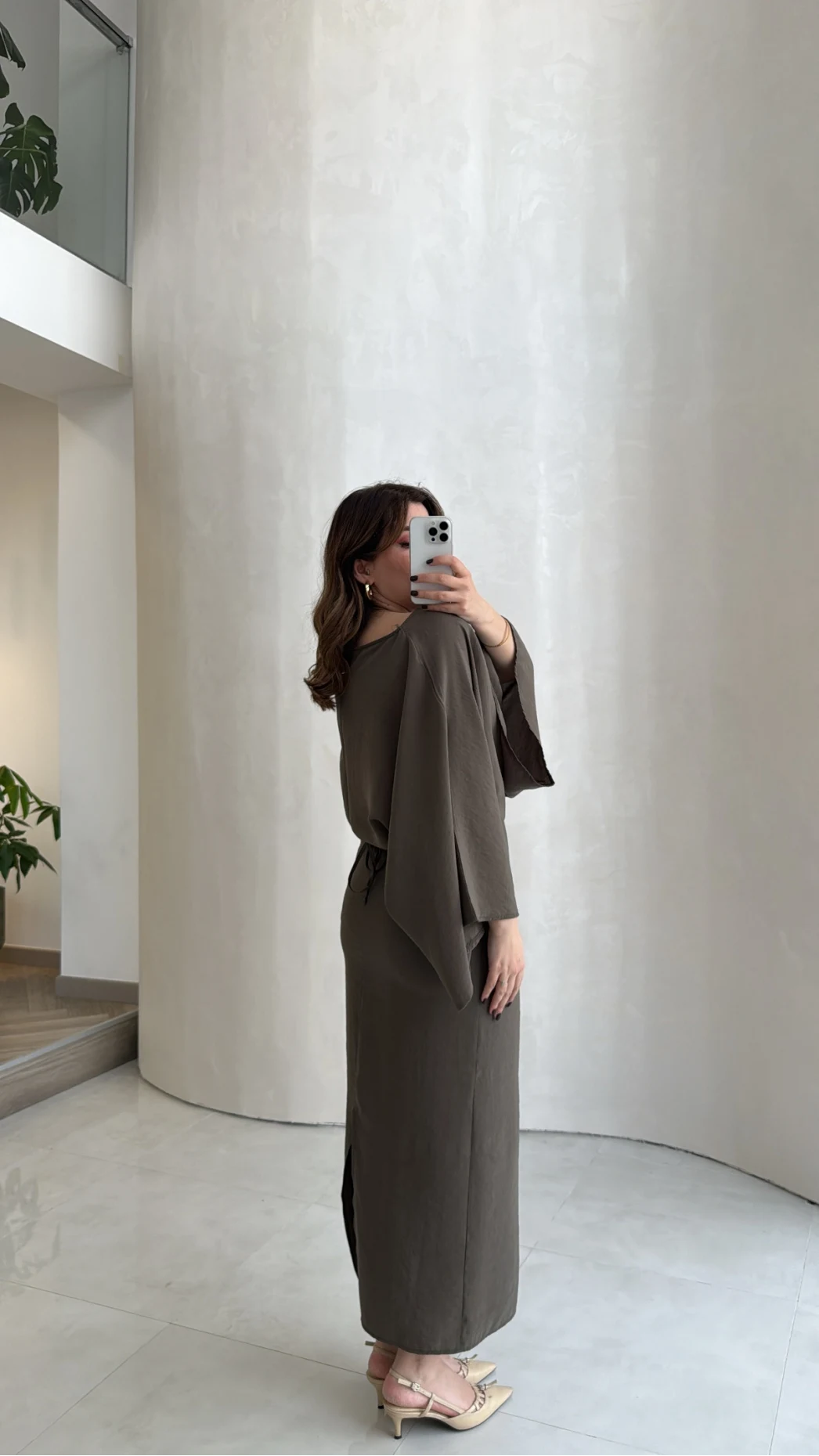 Dökümlü Beli Bağlamalı Modal Elbise - Haki - Kod: 1042