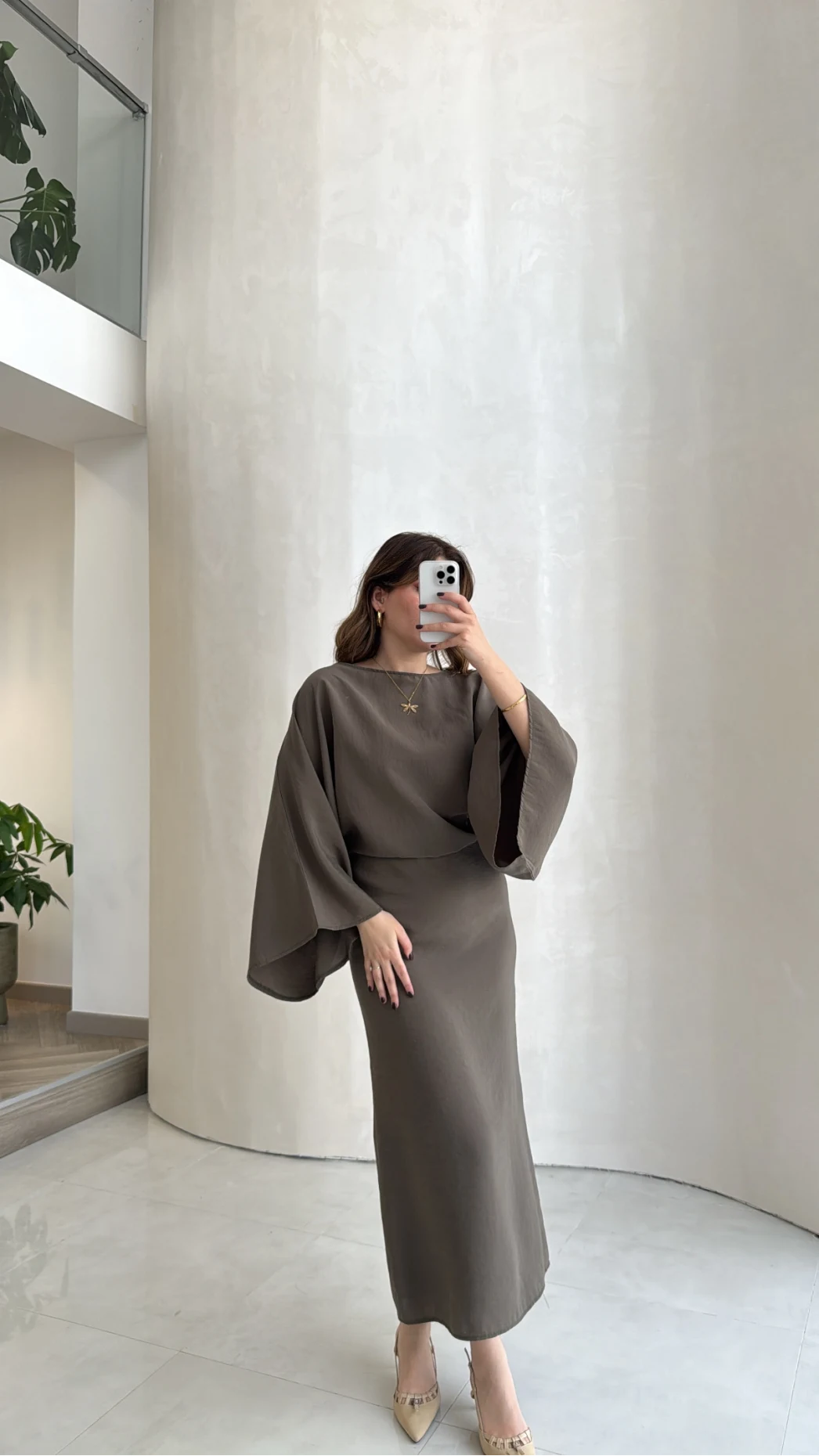 Dökümlü Beli Bağlamalı Modal Elbise - Haki - Kod: 1042