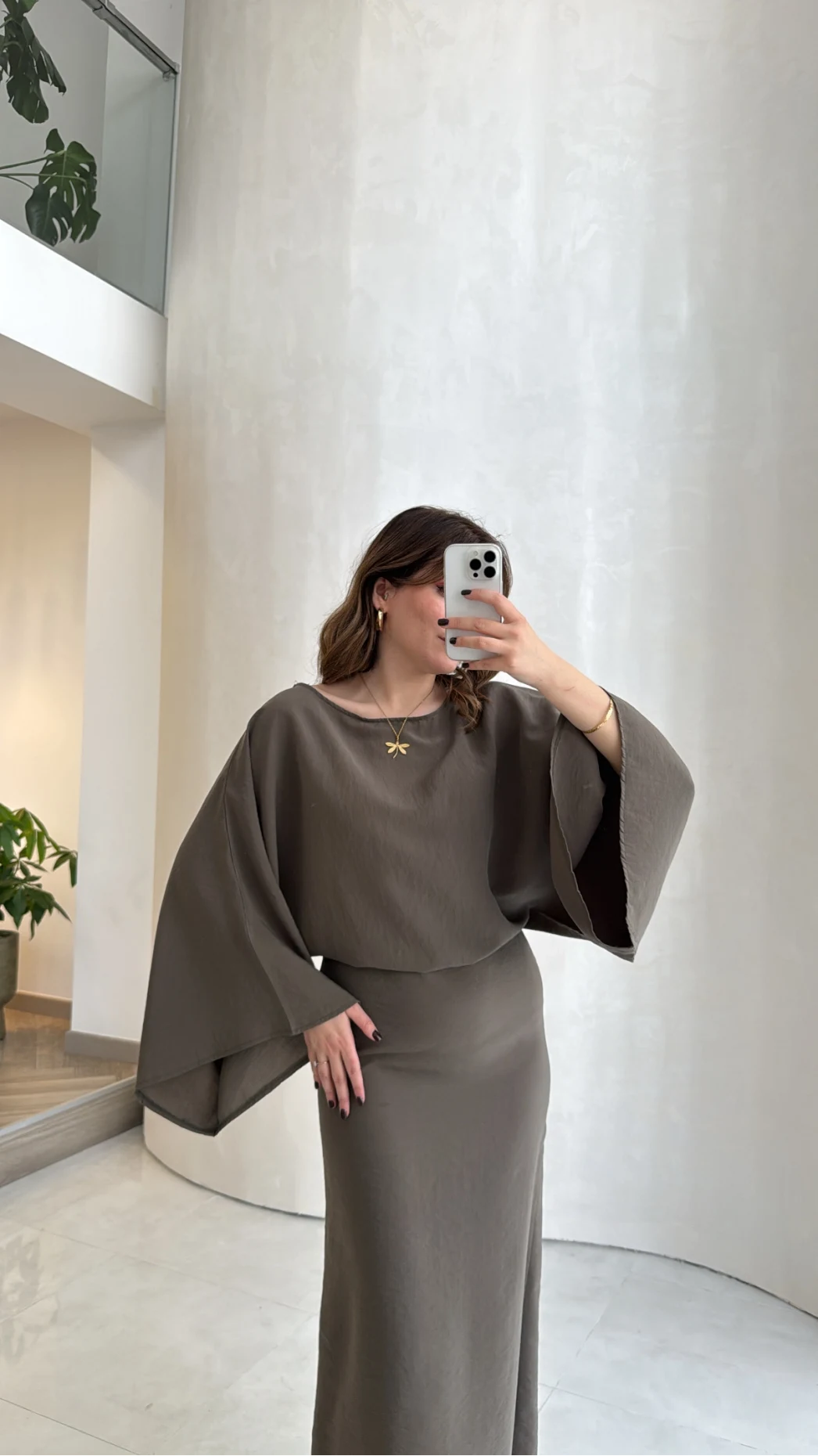 Dökümlü Beli Bağlamalı Modal Elbise - Haki - Kod: 1042