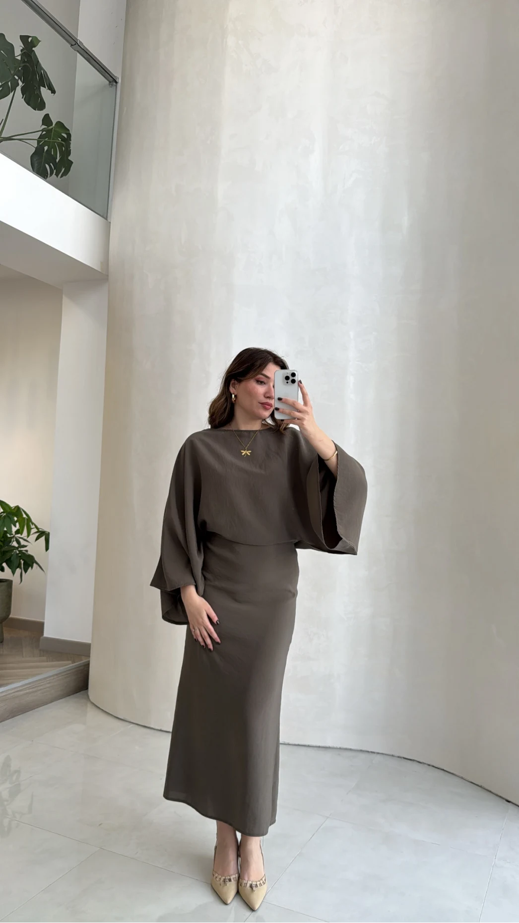 Dökümlü Beli Bağlamalı Modal Elbise - Haki - Kod: 1042