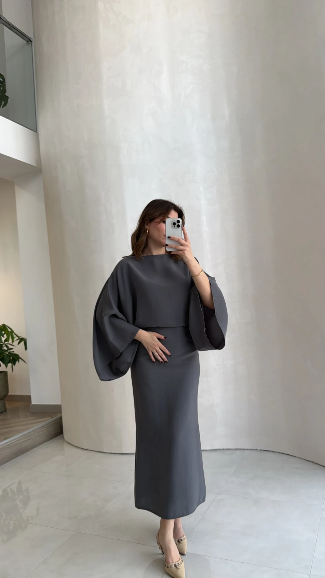 Dökümlü Beli Bağlamalı Modal Elbise - Antrasit - Kod: 1042