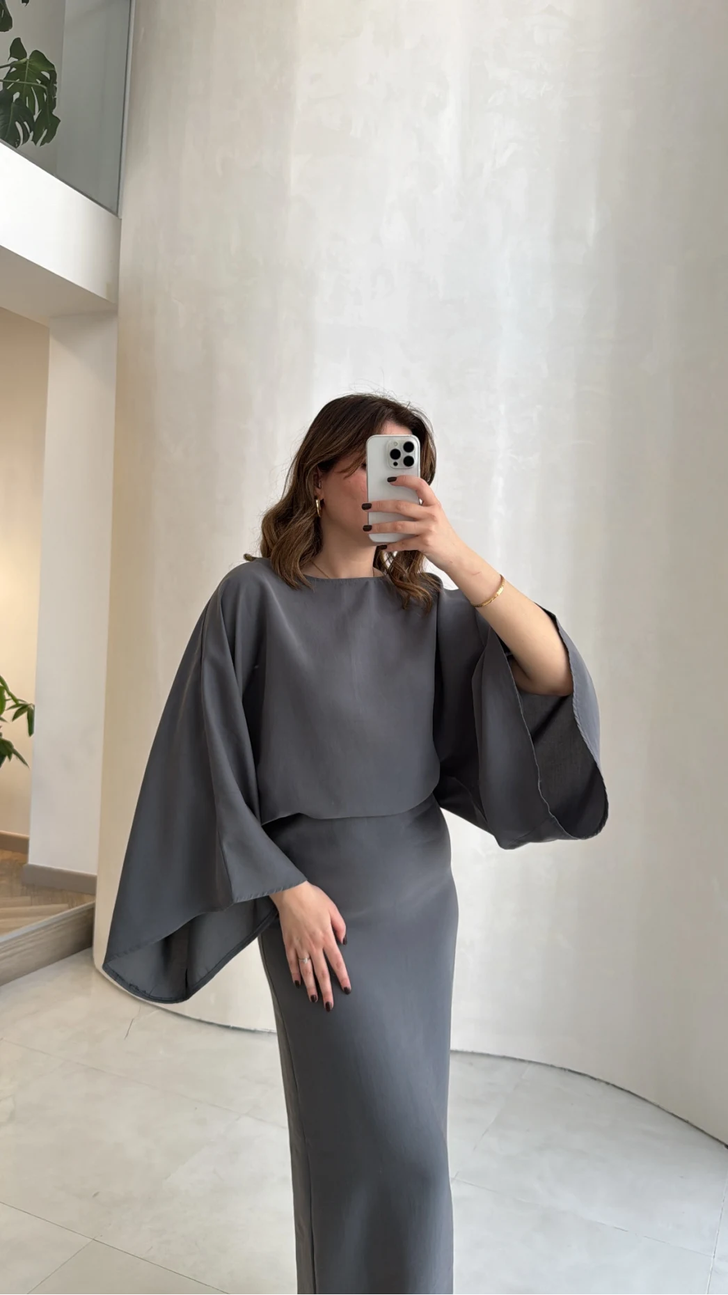 Dökümlü Beli Bağlamalı Modal Elbise - Antrasit - Kod: 1042